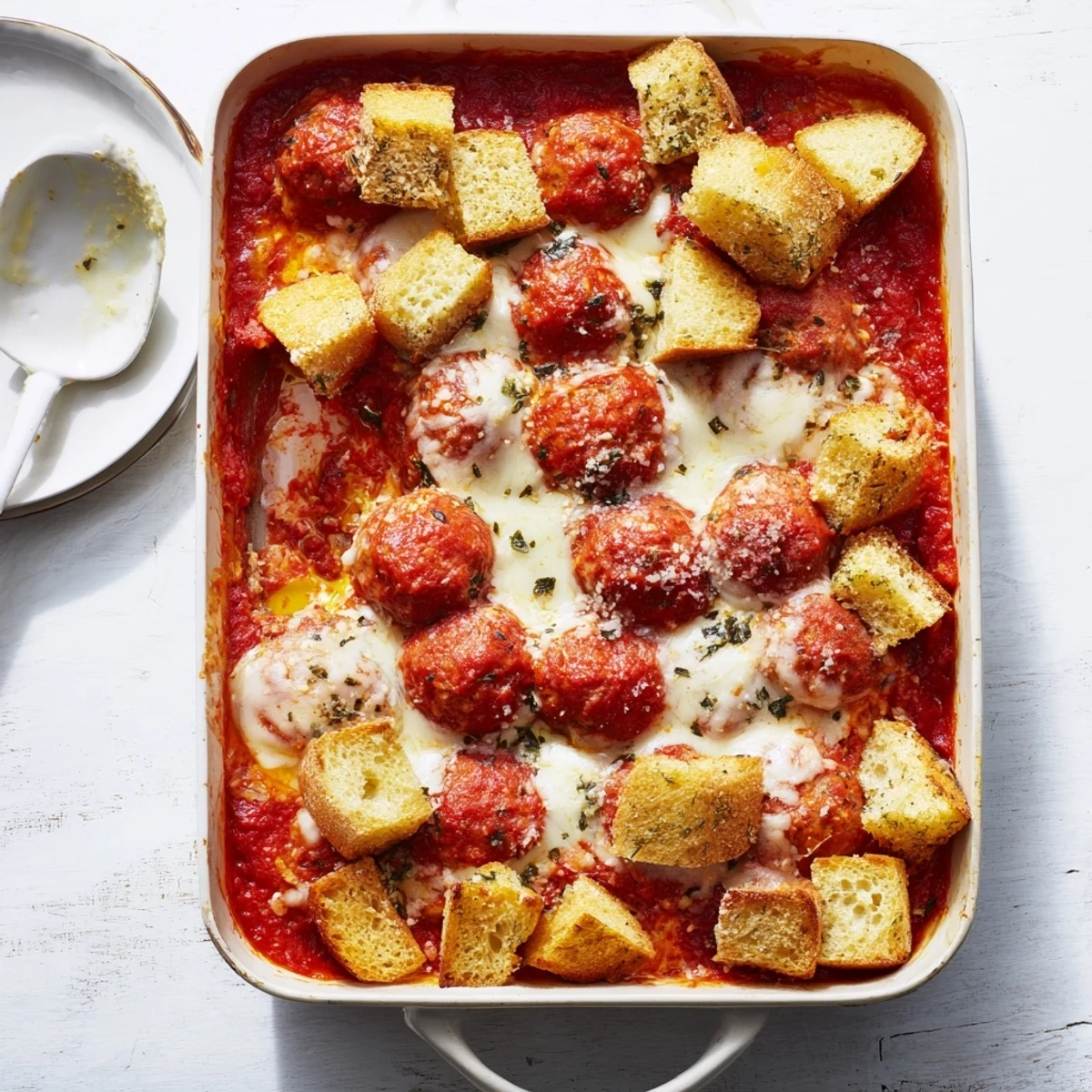 Freshly baked Turkey Meatball and Garlic Bread Bake with bubbling marinara sauce and melted mozzarella, served from a casserole dish.