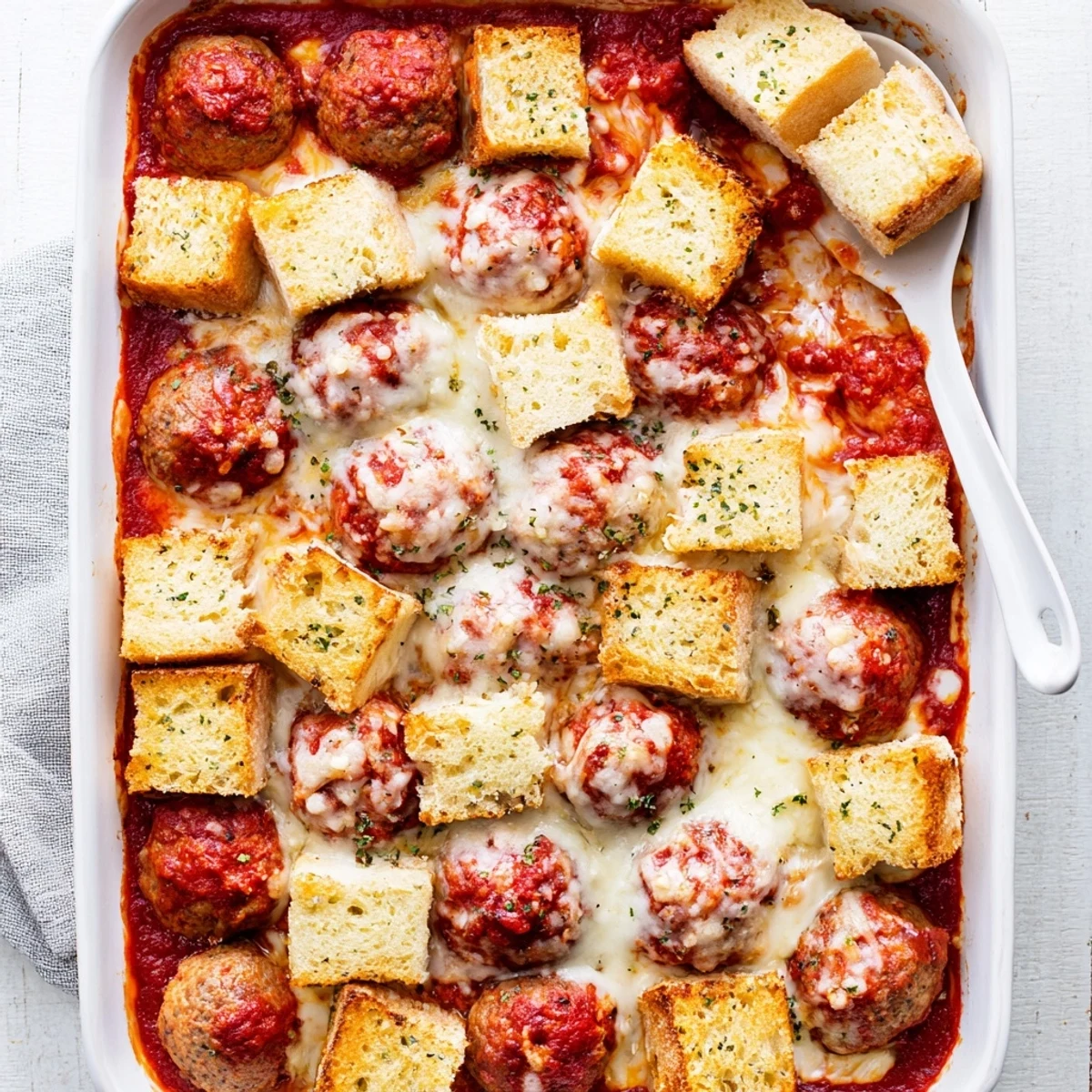 Juicy turkey meatballs and golden garlic bread cubes create a comforting Turkey Meatball and Garlic Bread Bake for family dinner.