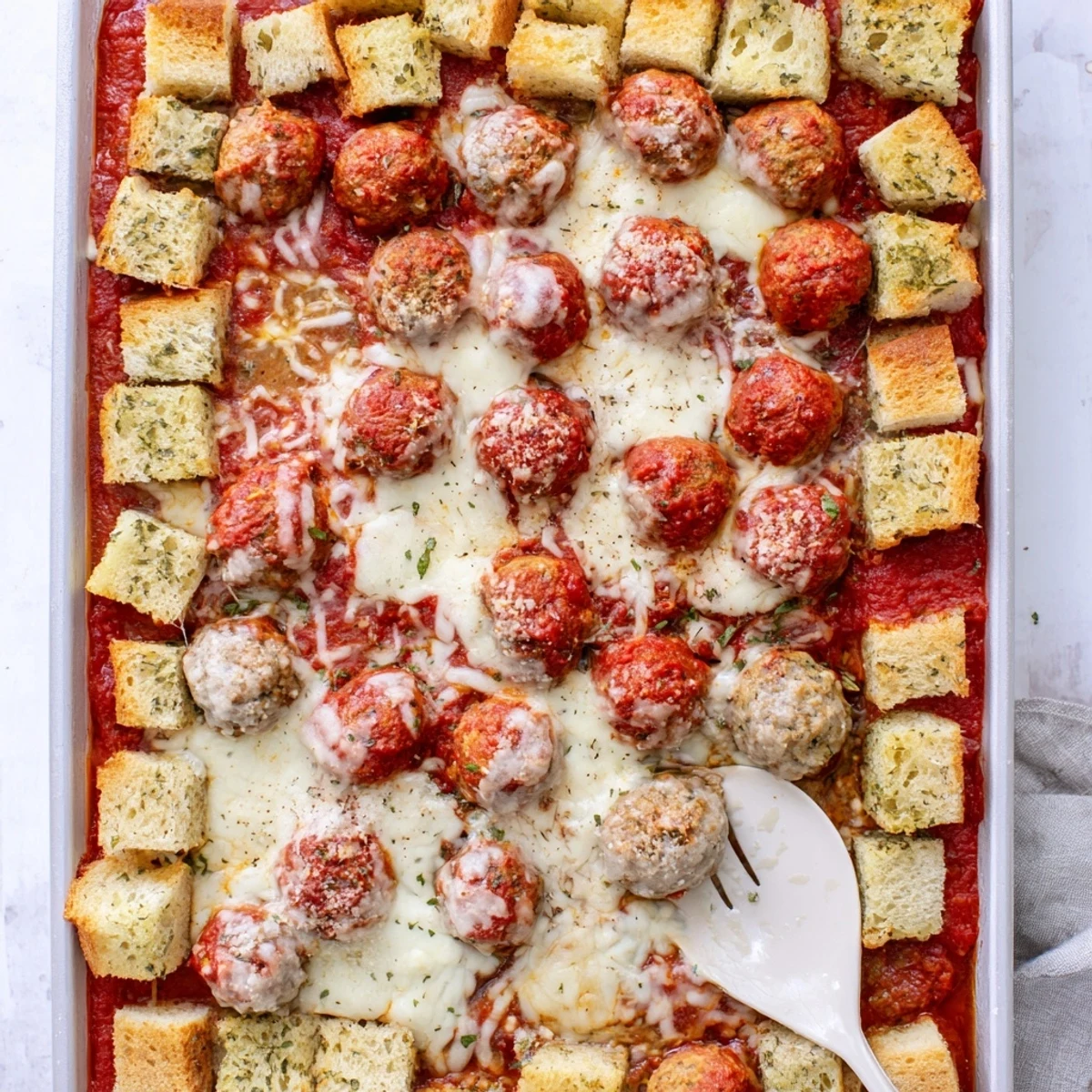 Family-style Turkey Meatball and Garlic Bread Bake features herb-seasoned meatballs, rich tomato sauce, and cheesy garlic bread topping.
