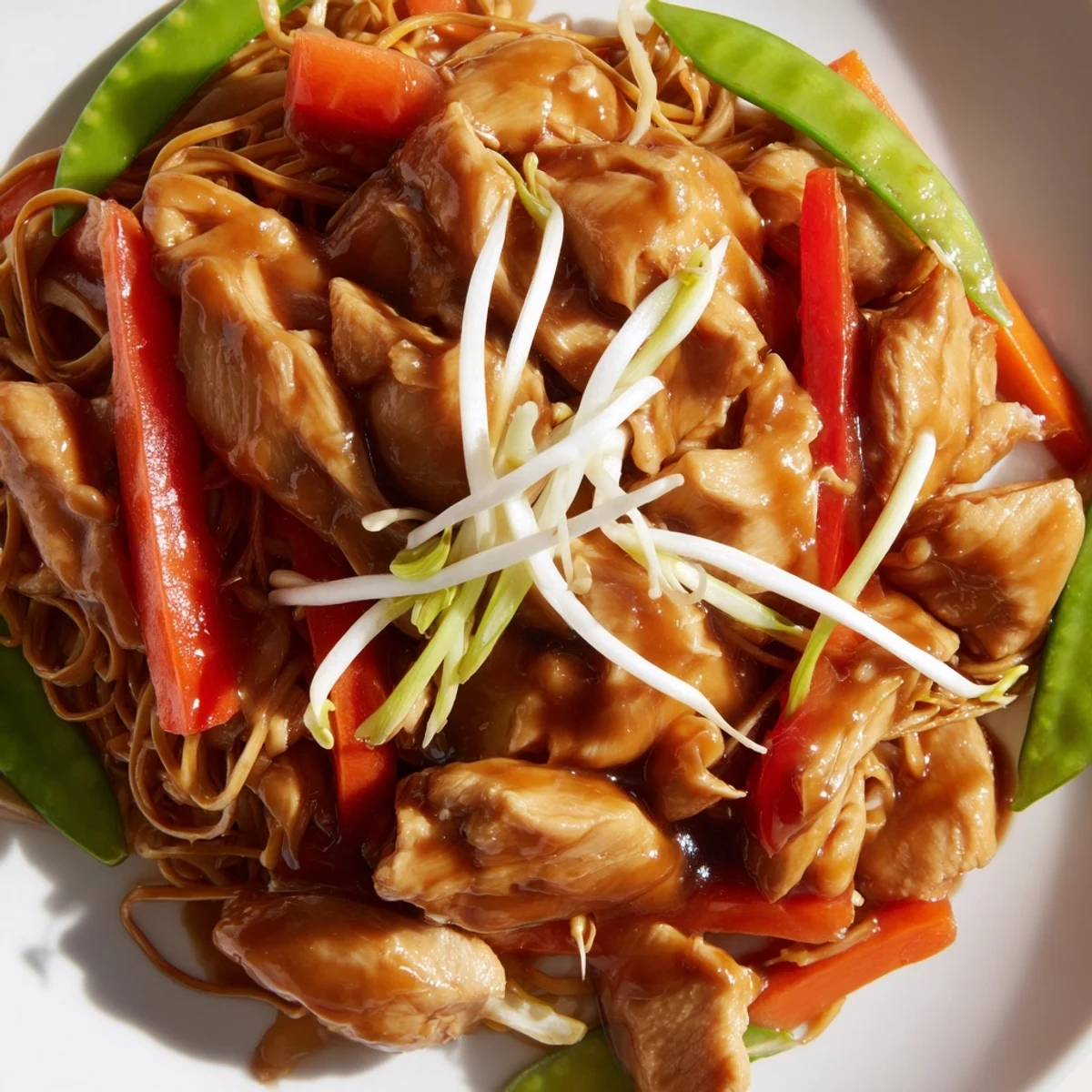 Golden-brown chow mein noodles with tender chicken and vibrant red bell peppers tossed in savory sauce