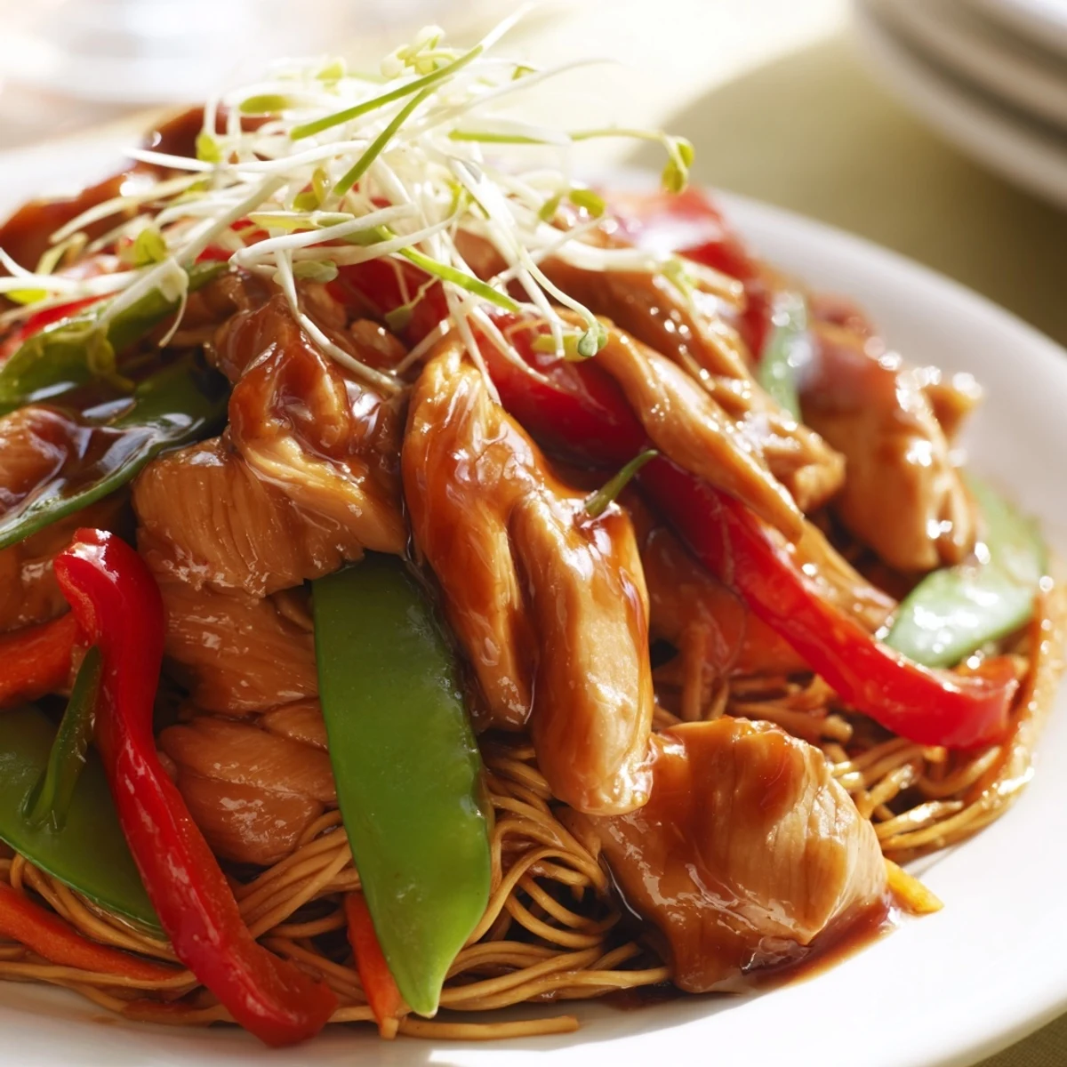 Close-up of Chicken Chow Mein with crisp bean sprouts and spring onions on a white plate