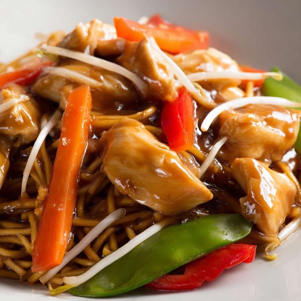Sizzling Chicken Chow Mein ready to serve, garnished with fresh scallions and paired with chopsticks