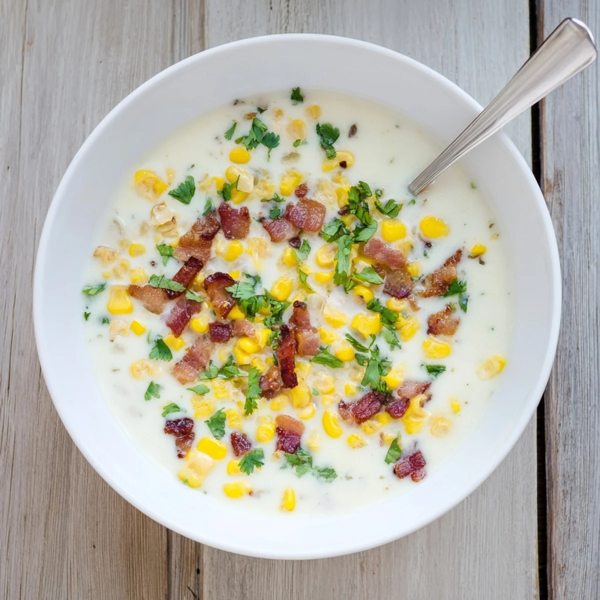 Creamy Hot Yoghurt Soup with Corn, Bacon, and Coriander in a rustic bowl with golden crispy bacon bits on top.