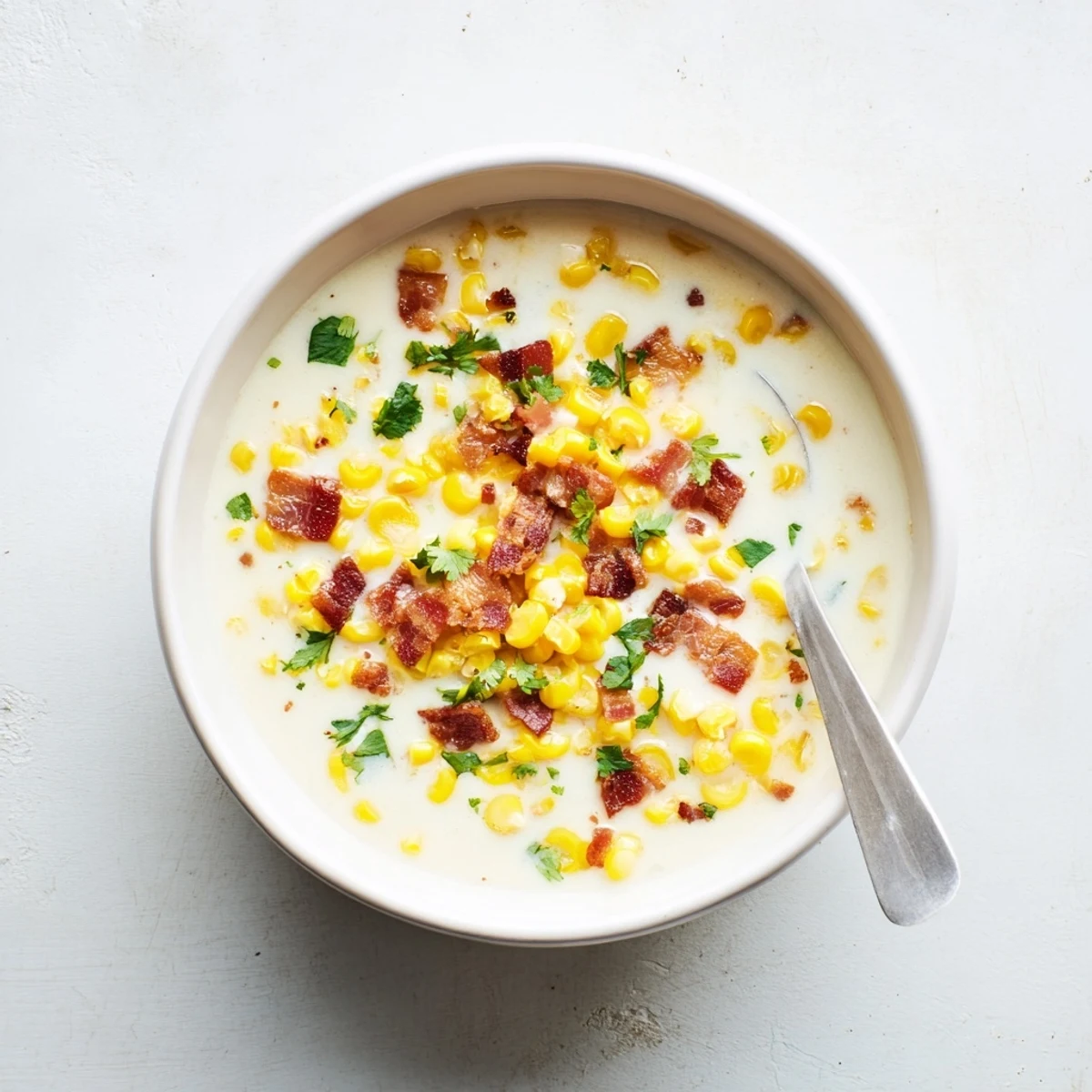 Steaming Hot Yoghurt Soup with Corn, Bacon, and Coriander served beside warm crusty bread for dipping.