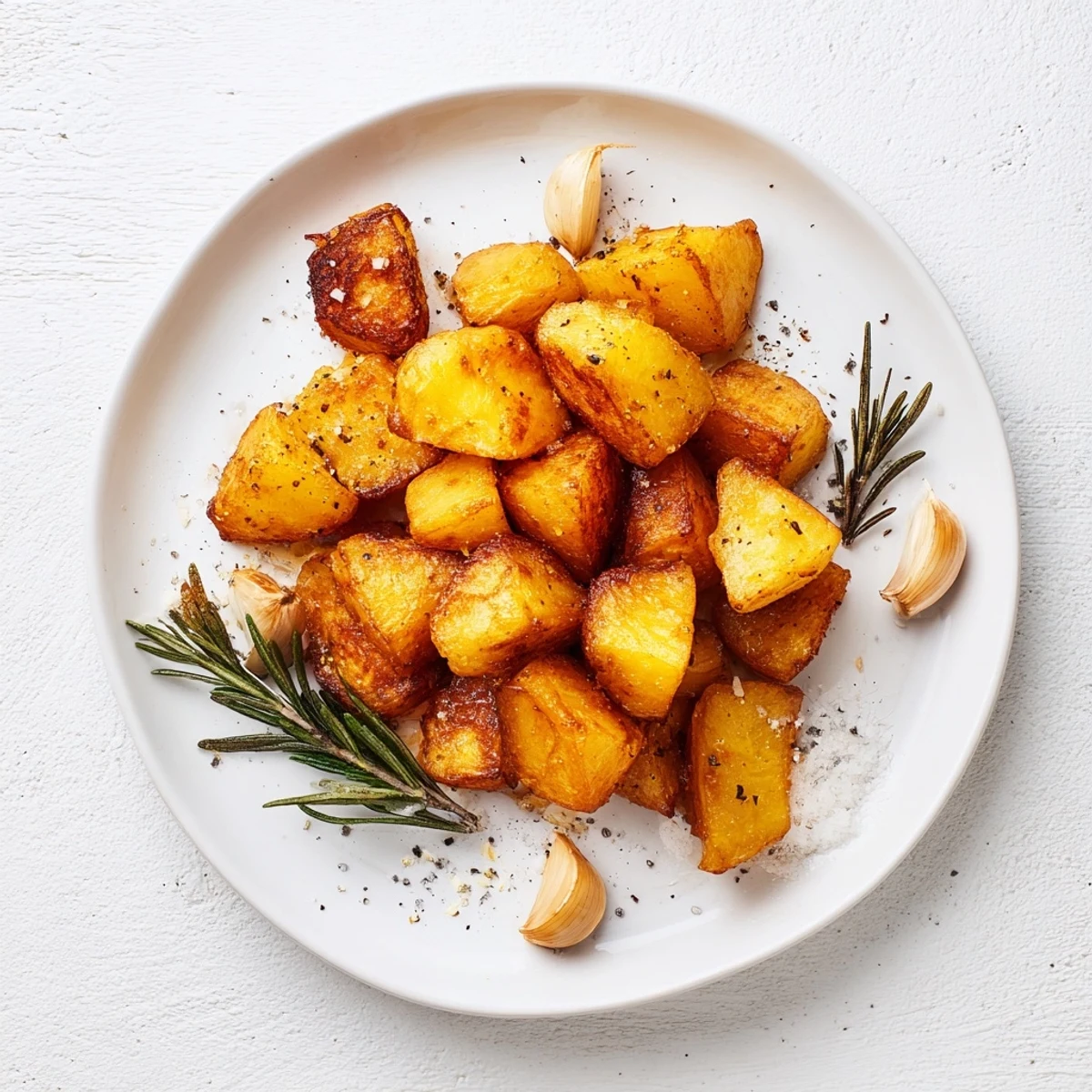 The Perfect Crispy Roast Potatoes served on a white plate with a side of gravy.