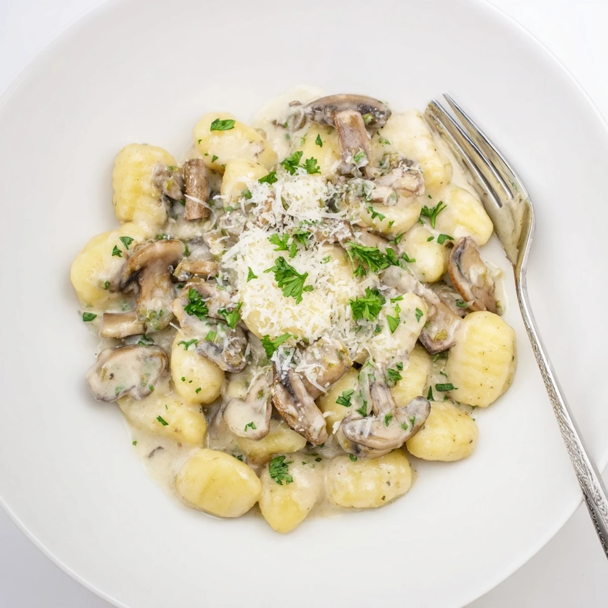 Silky mushroom cream sauce clings to tender potato gnocchi with fresh parsley and garlic in Creamy Mushroom Gnocchi.