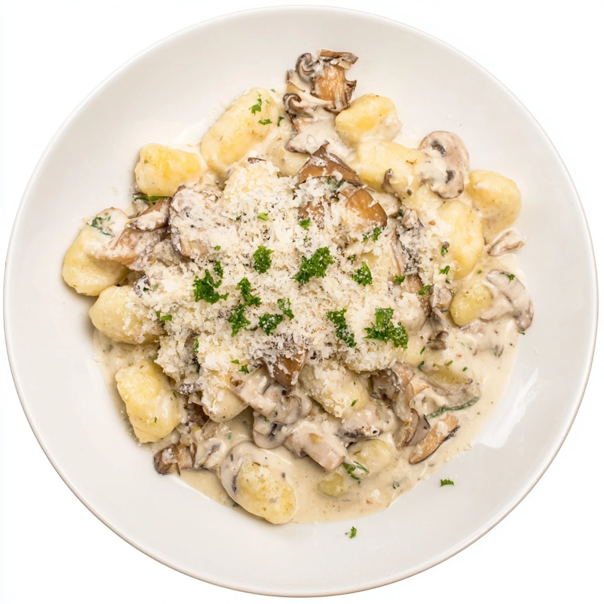 A skillet of Creamy Mushroom Gnocchi shows golden gnocchi and sautéed mushrooms in rich, aromatic cream sauce.