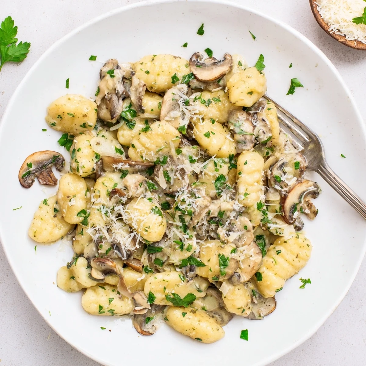 Creamy Mushroom Gnocchi served in a warm bowl, Parmesan garnish and steam rising from the savory Italian main dish.