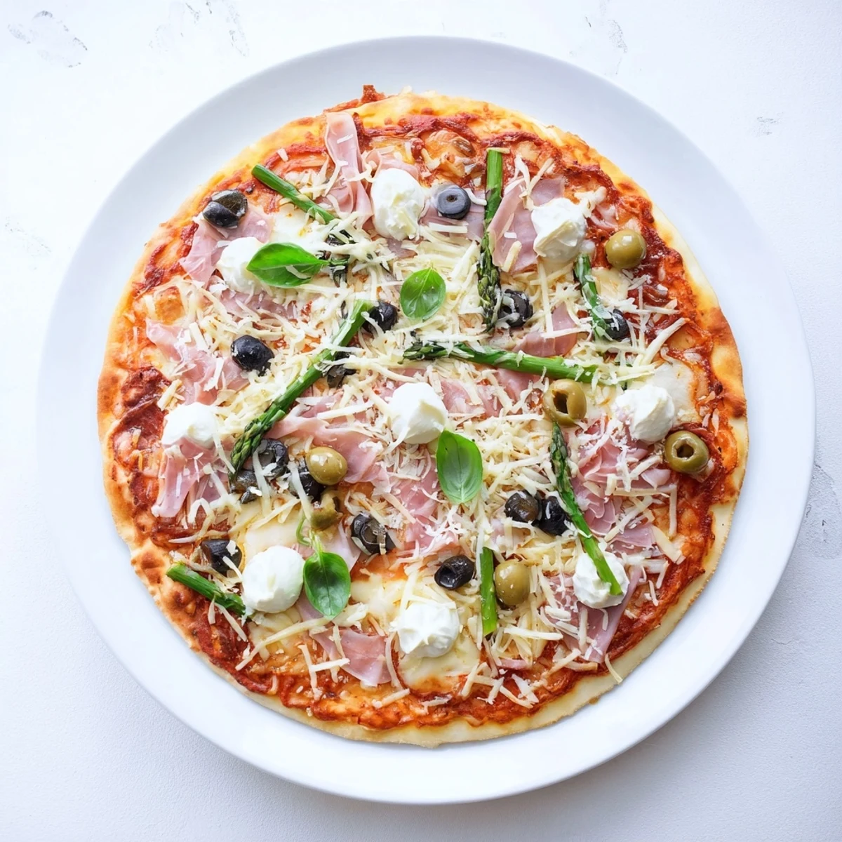 Golden crust of Ham, Olive, Asparagus, and Ricotta Pizza with fresh basil garnish, served on a rustic board.