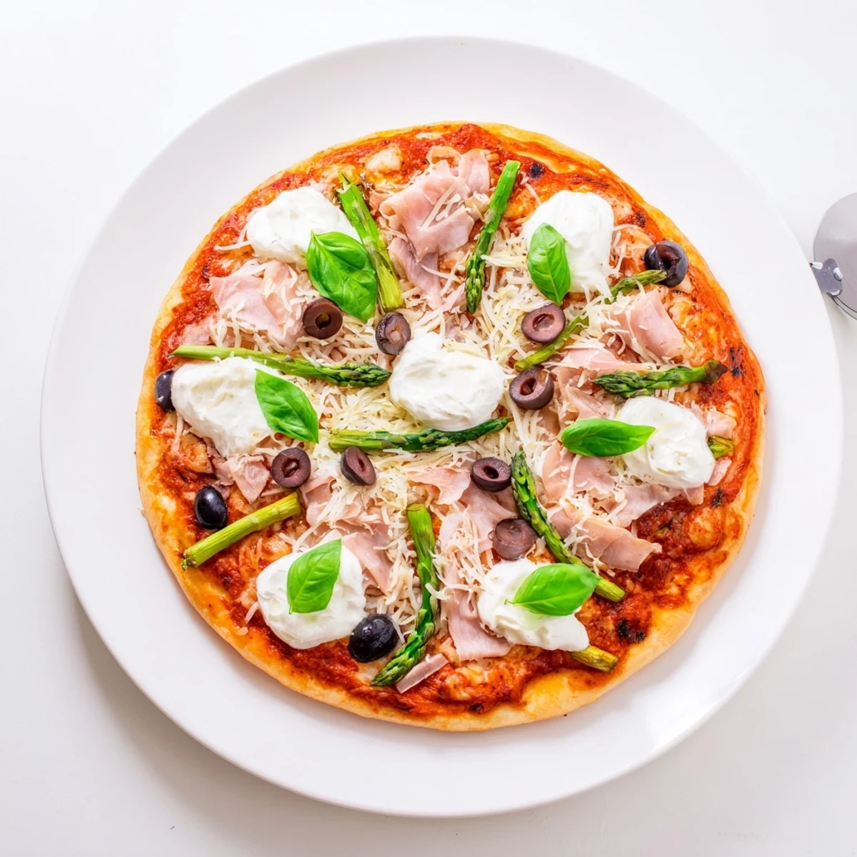 A close-up view of a Ham, Olive, Asparagus, and Ricotta Pizza slice showing melted cheese and tender spears.