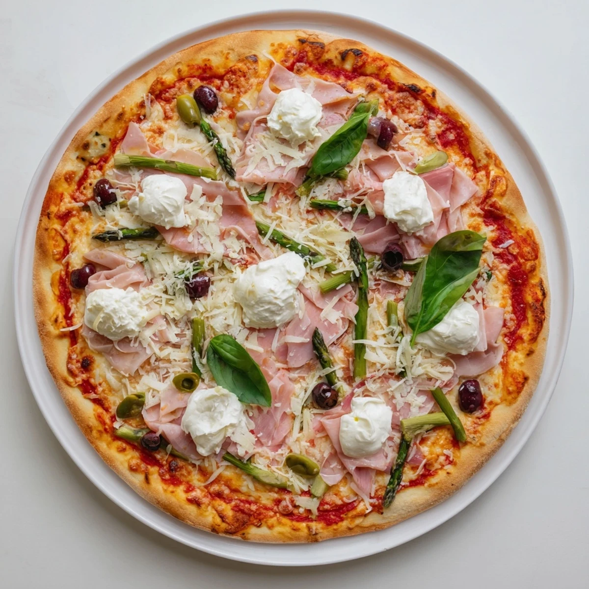 A vibrant Ham, Olive, Asparagus, and Ricotta Pizza on a wooden table, ready to slice and serve.
