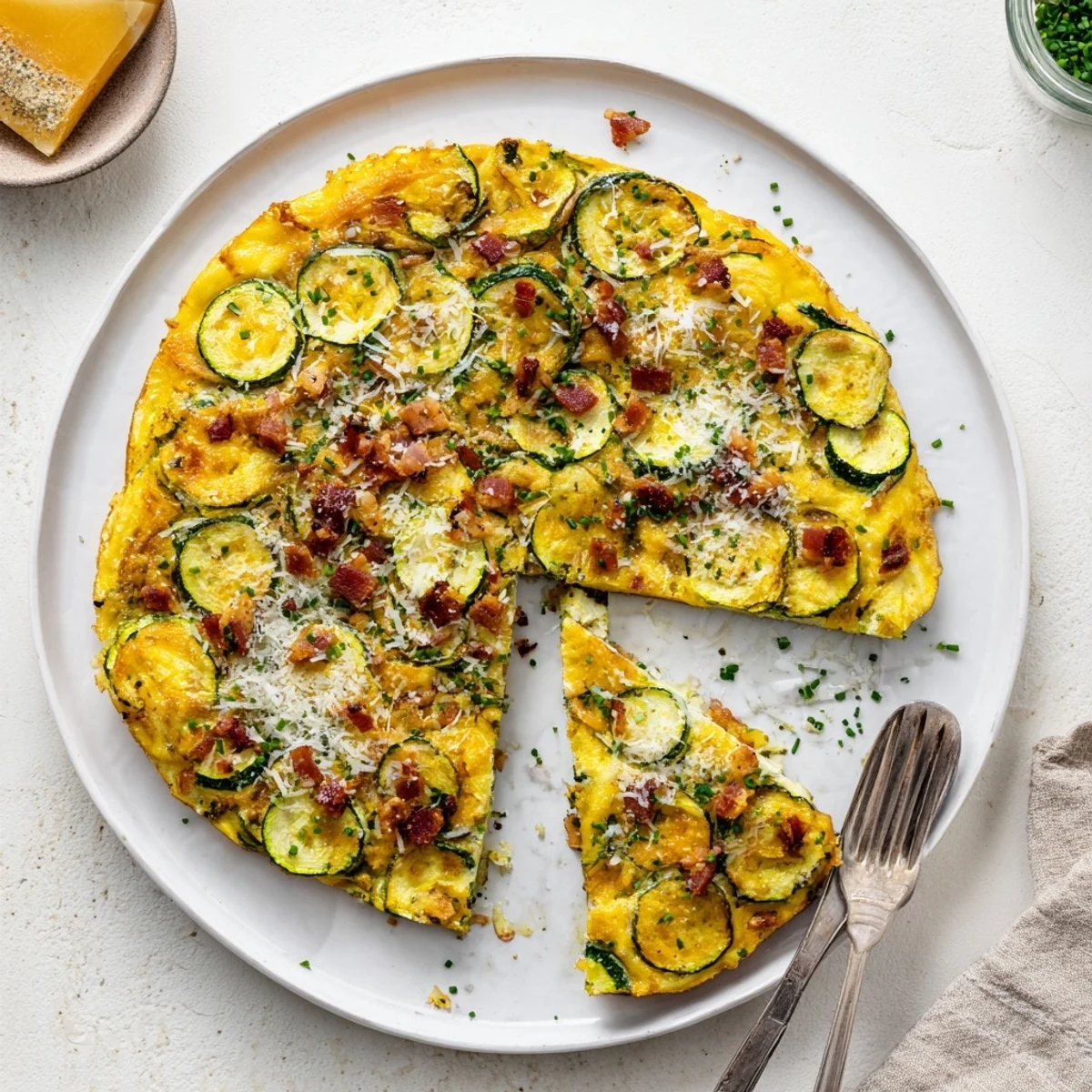 Golden-brown slices of Zucchini Herb and Pancetta Frittata showcase tender zucchini ribbons and crispy pancetta pieces on a rustic serving board.