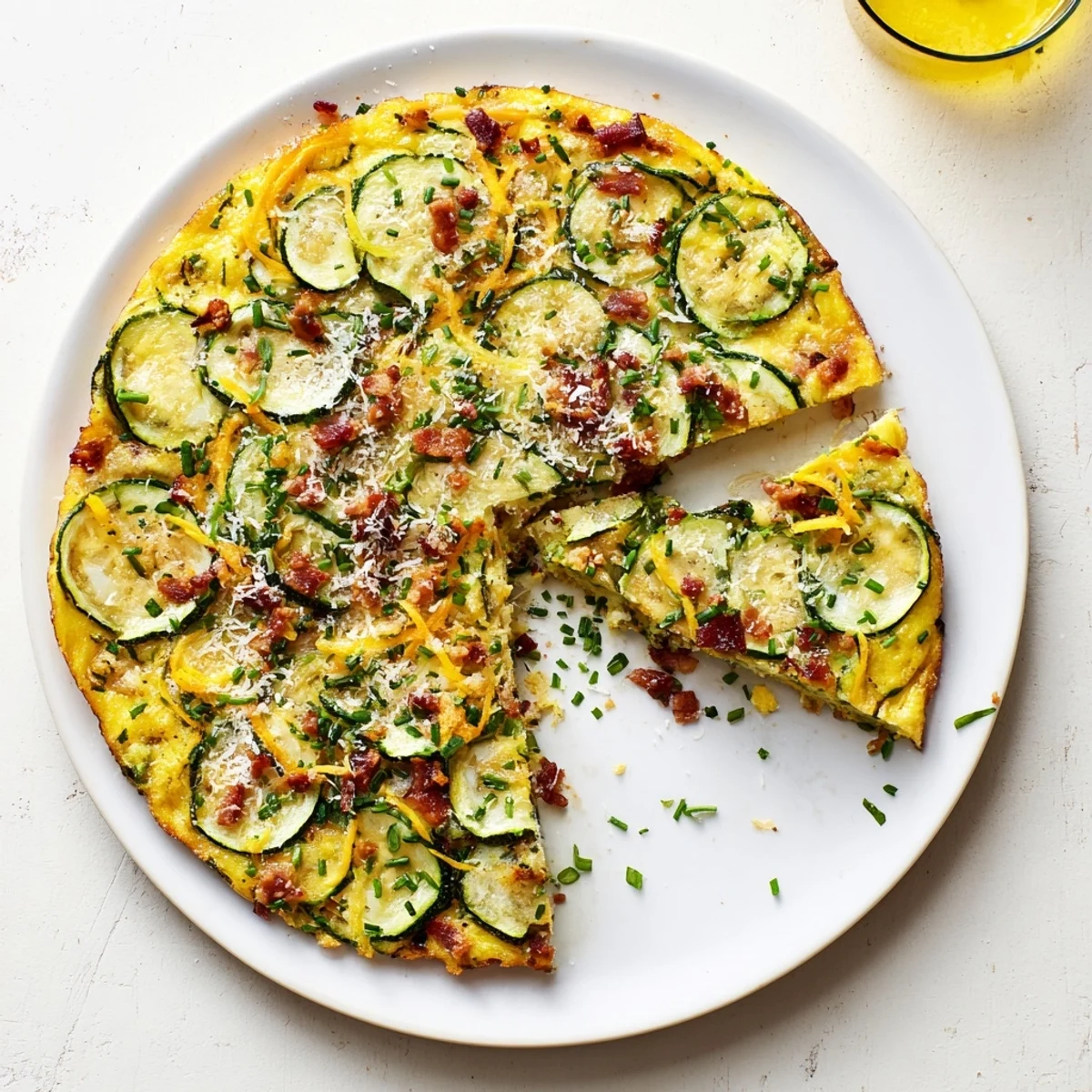 Freshly baked Zucchini Herb and Pancetta Frittata with vibrant green herbs is ready to slice for a delicious brunch plate.
