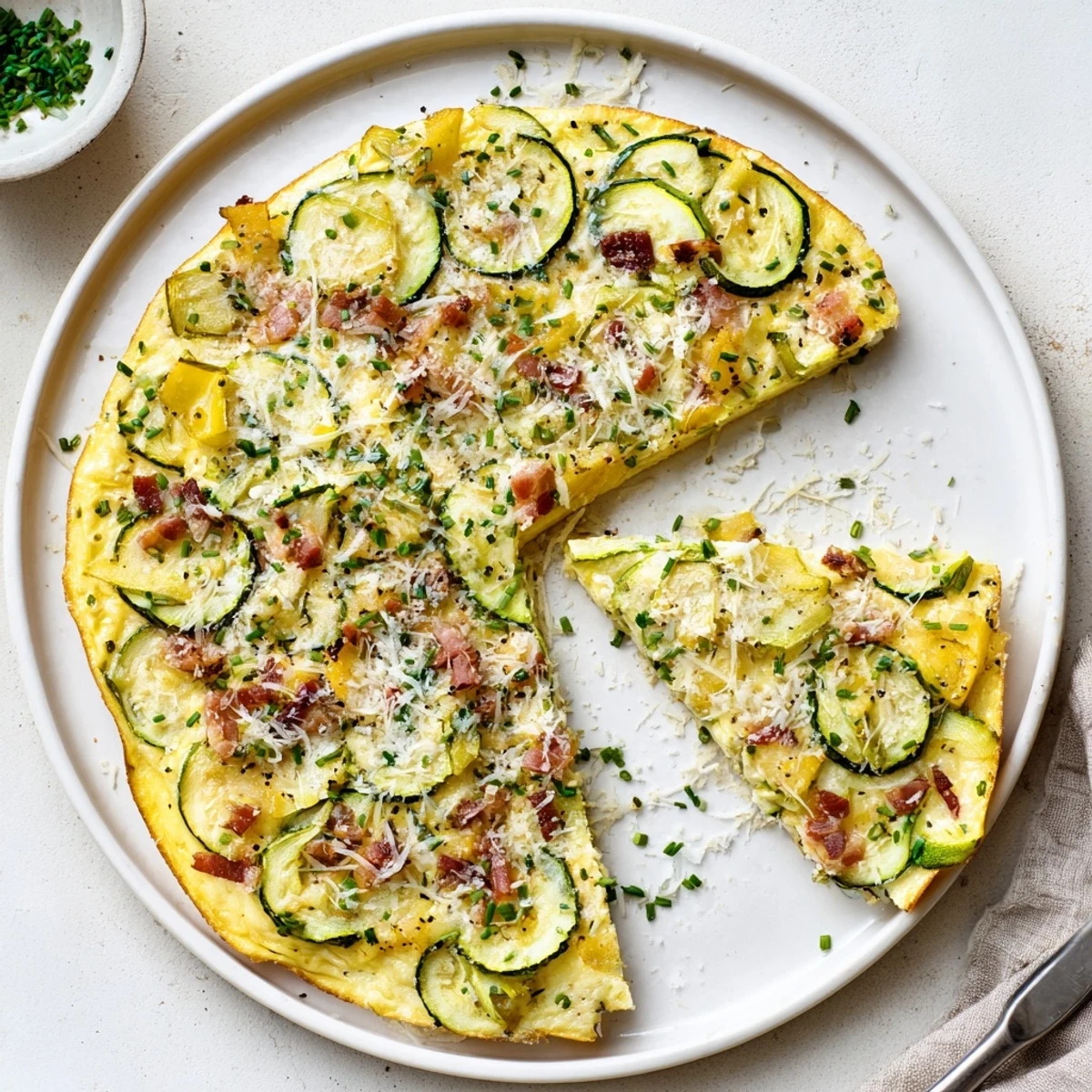 A close-up of the savory Zucchini Herb and Pancetta Frittata reveals fluffy egg texture and melted Parmesan cheese topping.