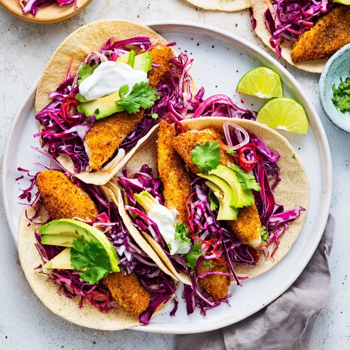 Easy As Aussie Barra Tacos ready to serve with fresh lime wedges and cilantro garnish on a rustic plate.