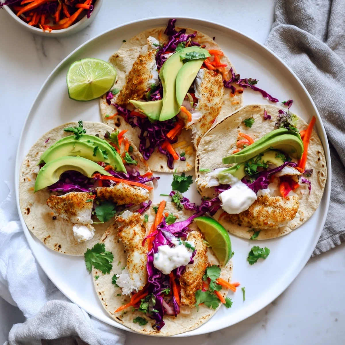 Golden-brown barramundi tacos topped with vibrant red cabbage slaw, avocado slices, and a dollop of creamy sour cream.