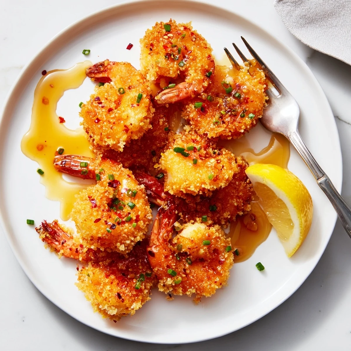 Golden hot honey fried shrimp with crispy panko coating drizzled in spicy sweet glaze