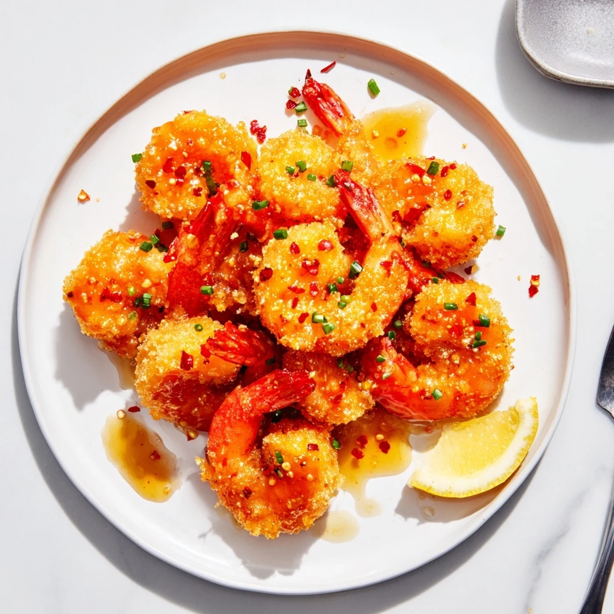 Crispy fried shrimp tossed in hot honey sauce garnished with fresh chives and lemon