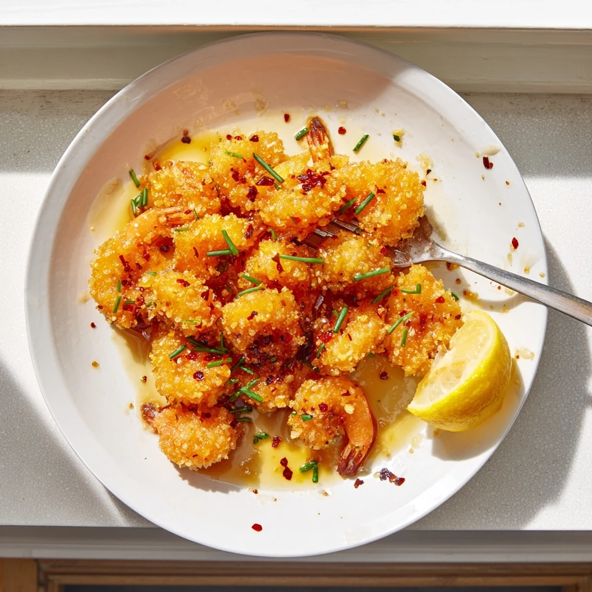 Plate of hot honey fried shrimp featuring golden crust and sticky sweet spicy coating