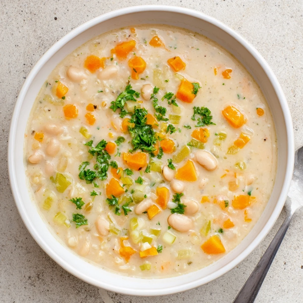 Creamy rosemary garlic white bean soup in a rustic bowl topped with fresh parsley and cracked pepper