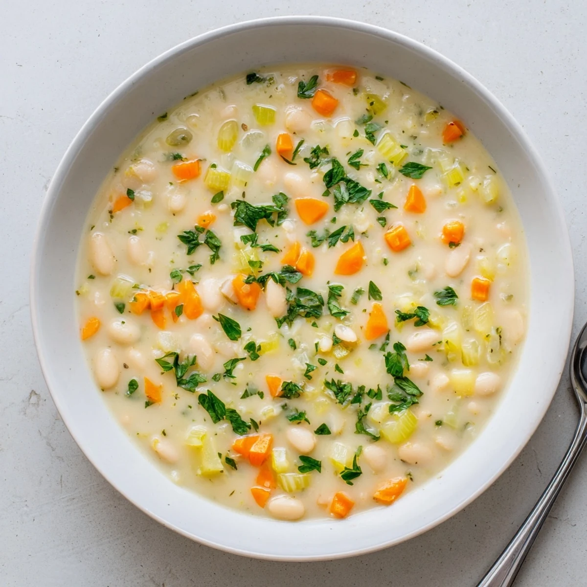 Steaming pot of cozy white bean soup with rosemary sprigs and crusty bread on the side