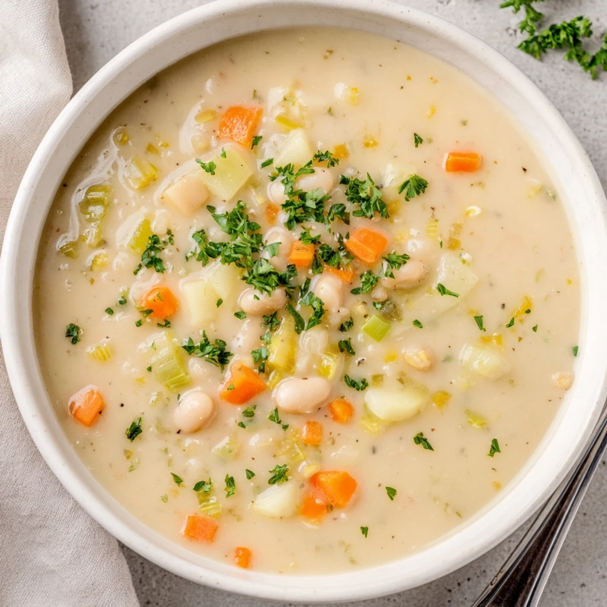 Golden broth of rosemary garlic white bean soup garnished with lemon and chopped parsley