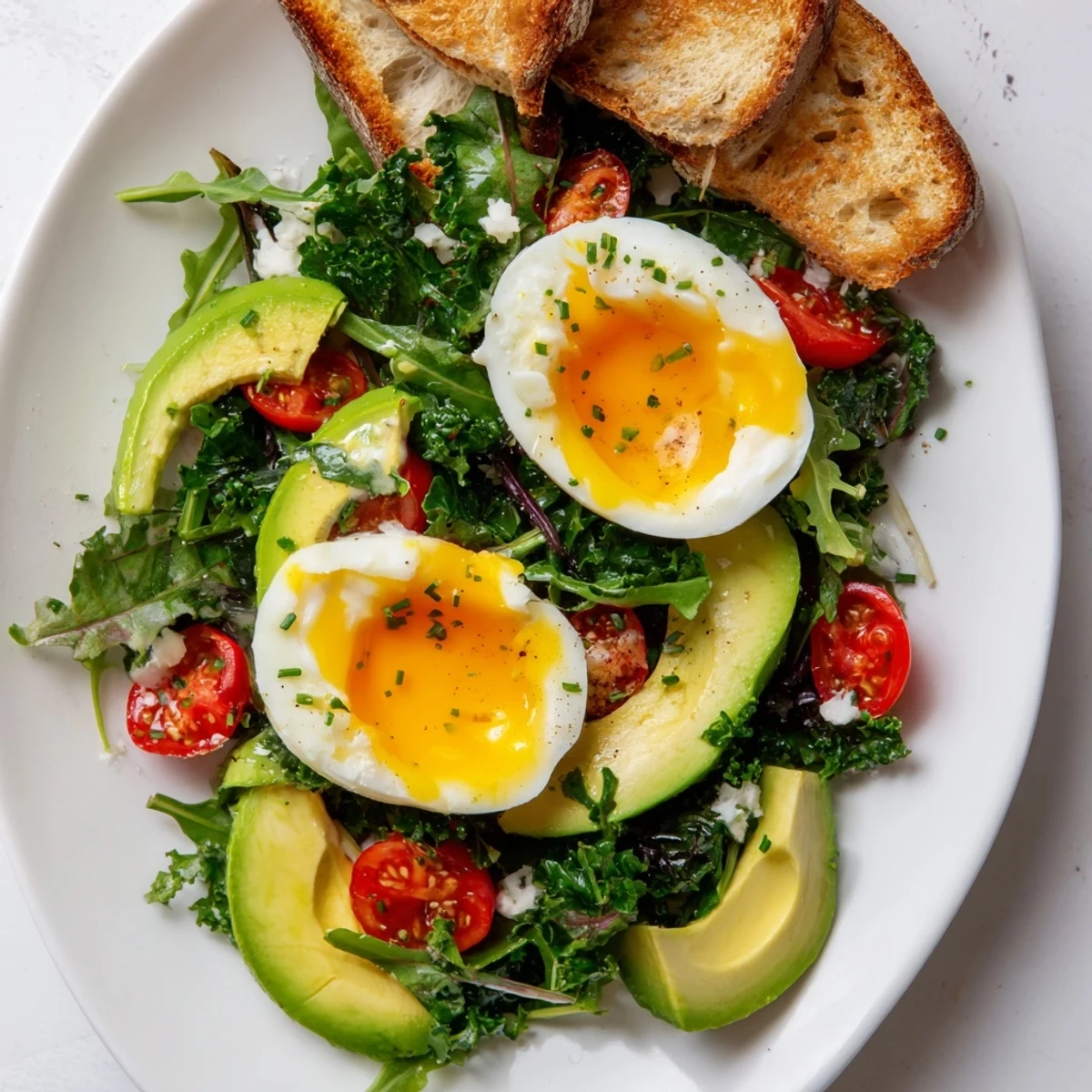 Golden soft-boiled eggs nestled atop crisp toast with fresh arugula and creamy avocado slices