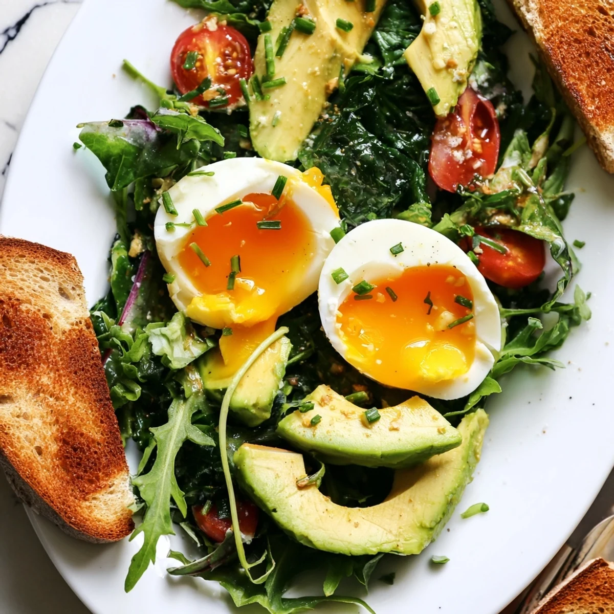 Wholesome savory breakfast plate featuring jammy eggs, artisan sourdough, and vibrant dressed mixed greens