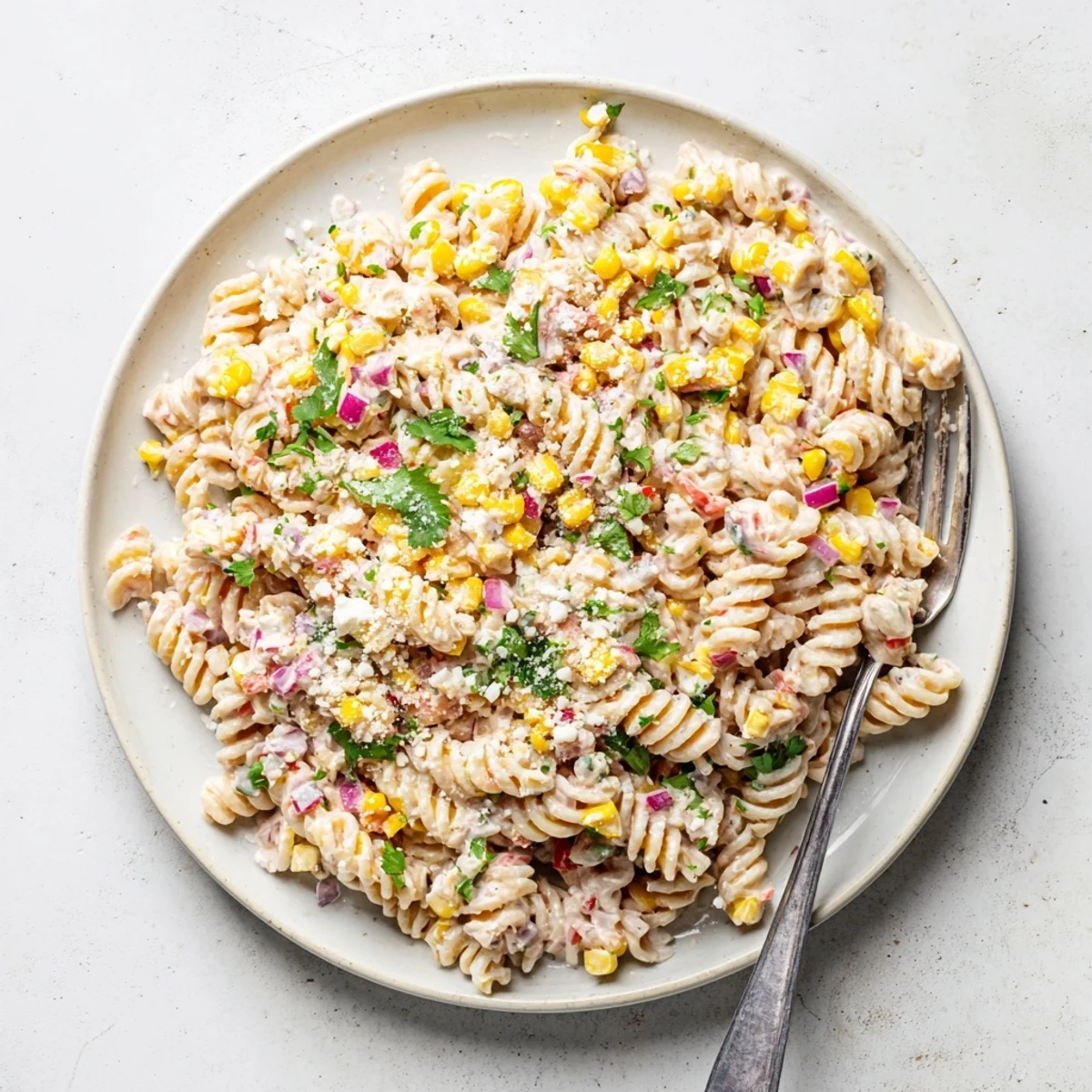 Colorful bowl of Mexican street corn pasta salad tossed in smoky lime dressing and fresh cilantro