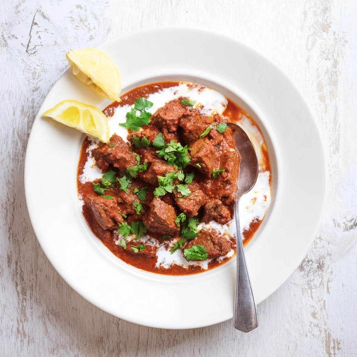 Tender chunks of beef simmered in spiced Indian beef curry with tomato gravy served with warm naan