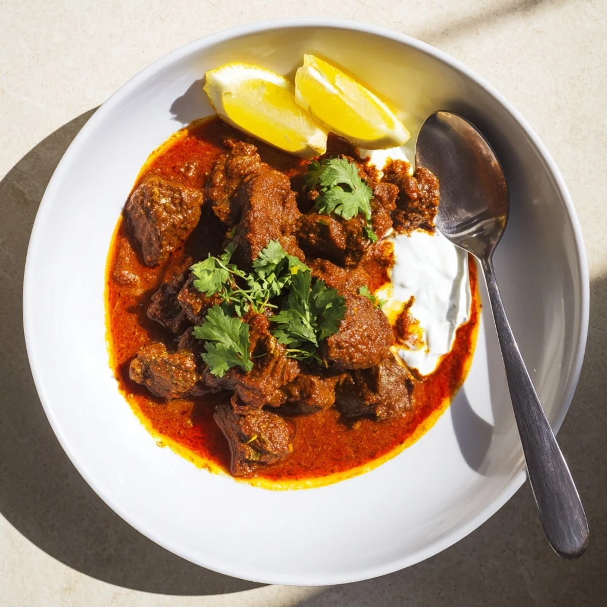Rich and aromatic Indian beef curry with tomato gravy featuring tender beef pieces in a thick red sauce