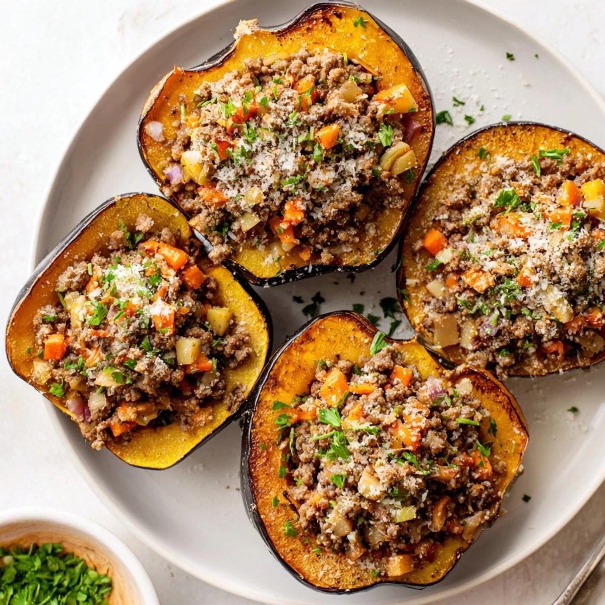 Golden roasted turkey stuffed acorn squash with melted Parmesan and fresh parsley garnish on a white plate