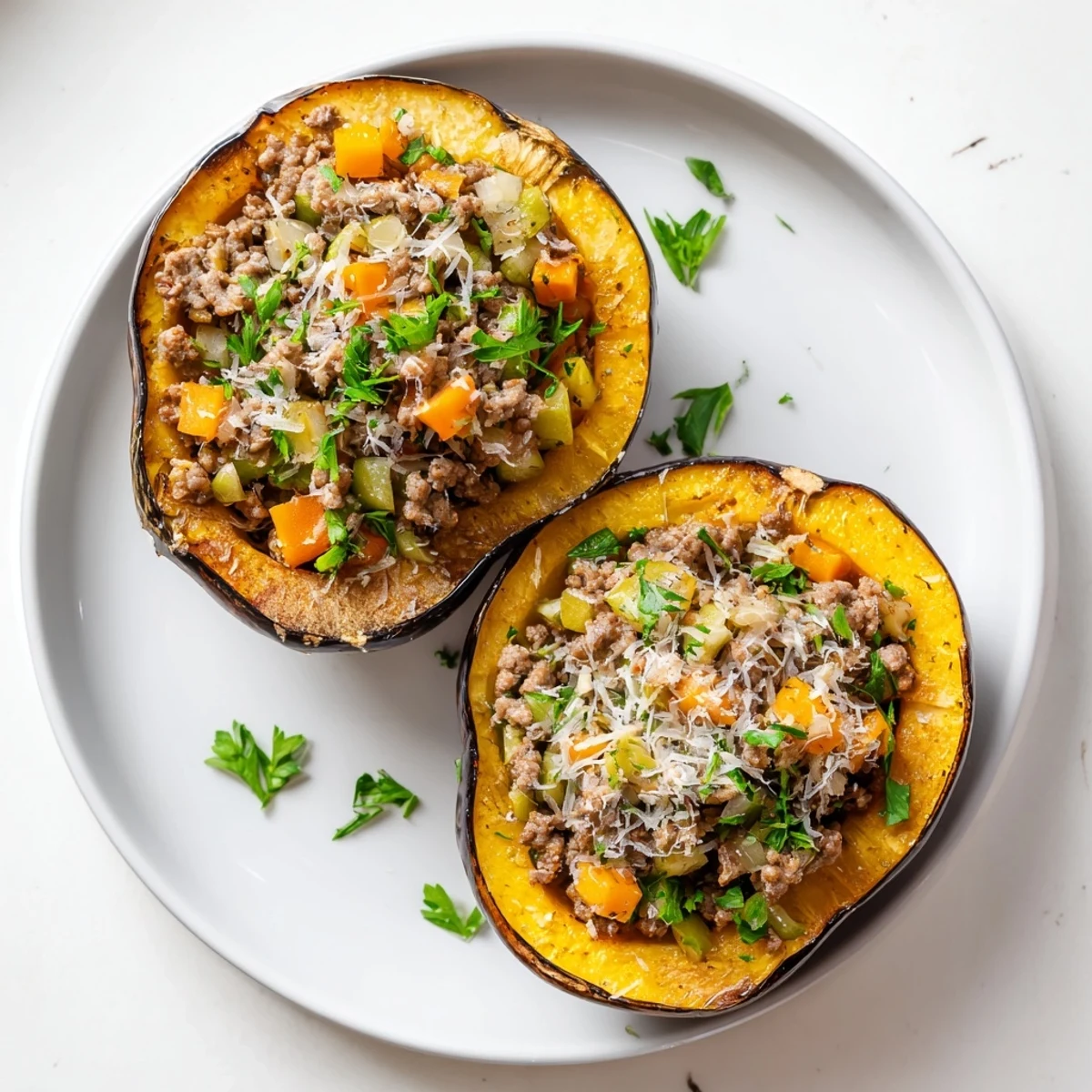 Turkey stuffed acorn squash baked until golden with colorful diced vegetables and melted cheese topping