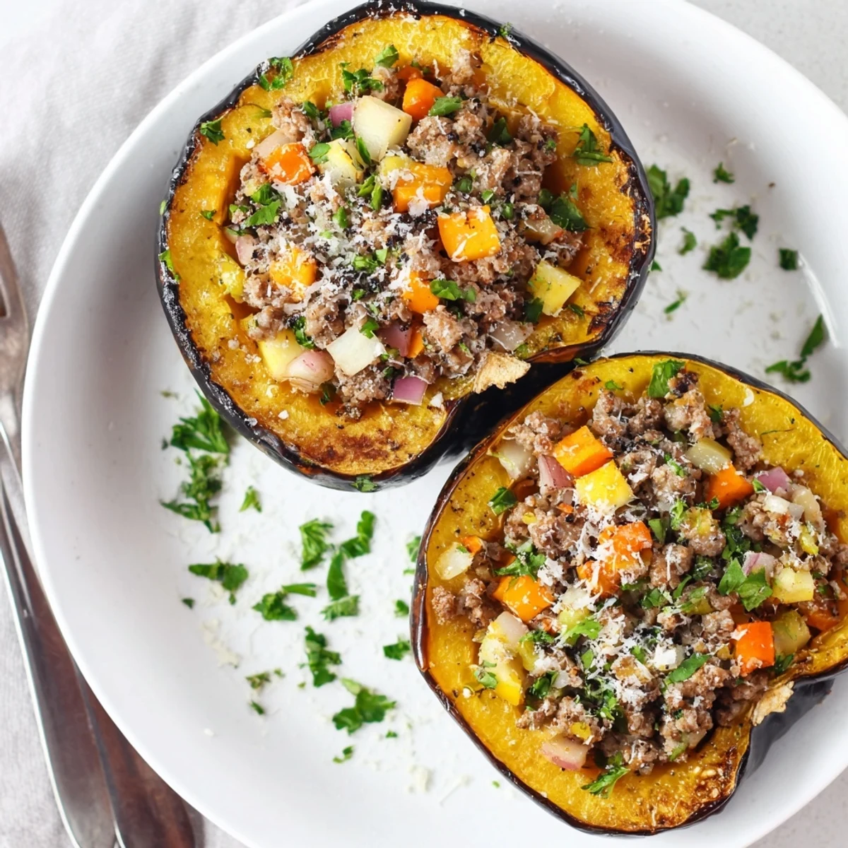 Hearty autumn meal featuring tender roasted squash halves piled high with savory turkey vegetable filling