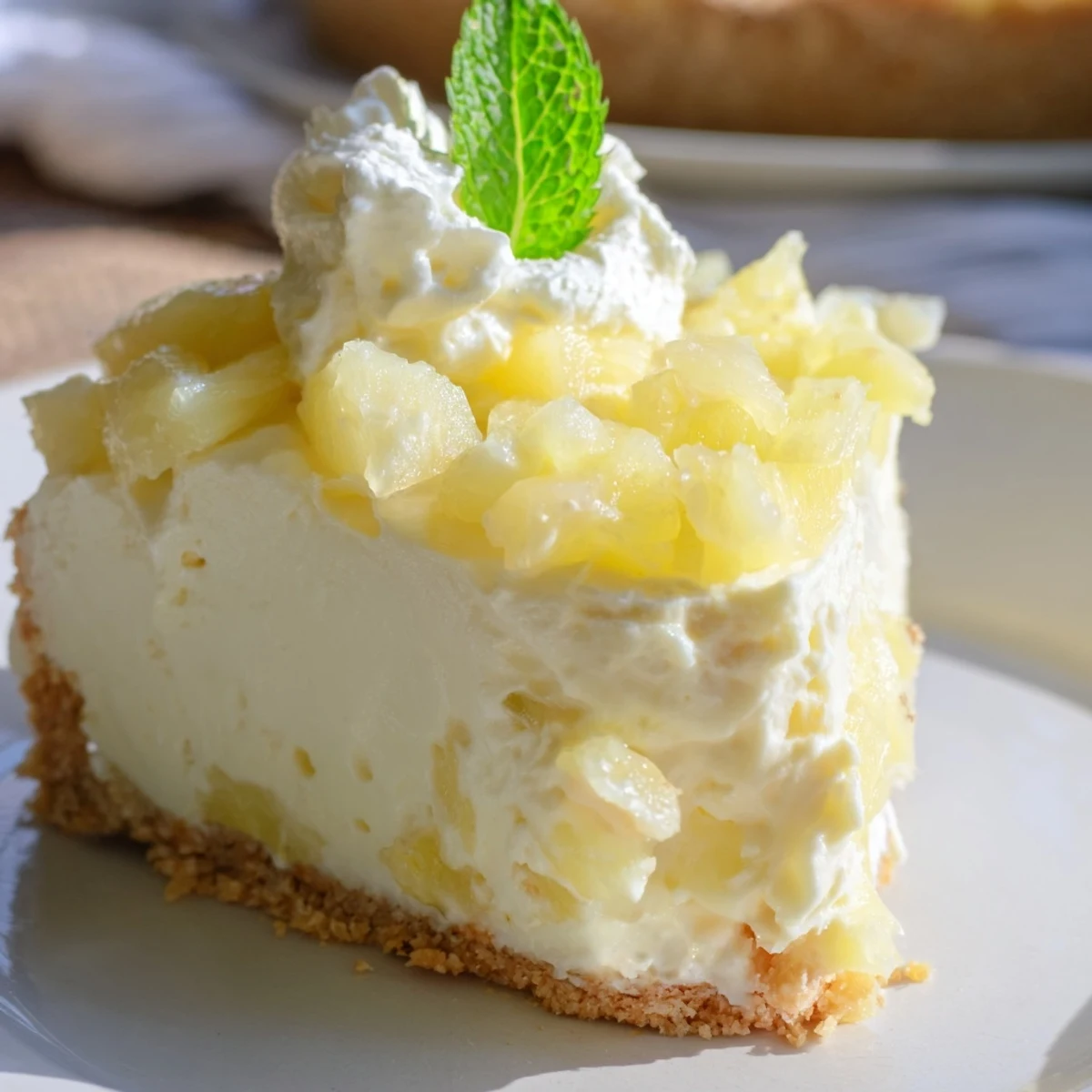 Golden slice of no bake pineapple cheesecake on white plate with whipped cream and mint garnish