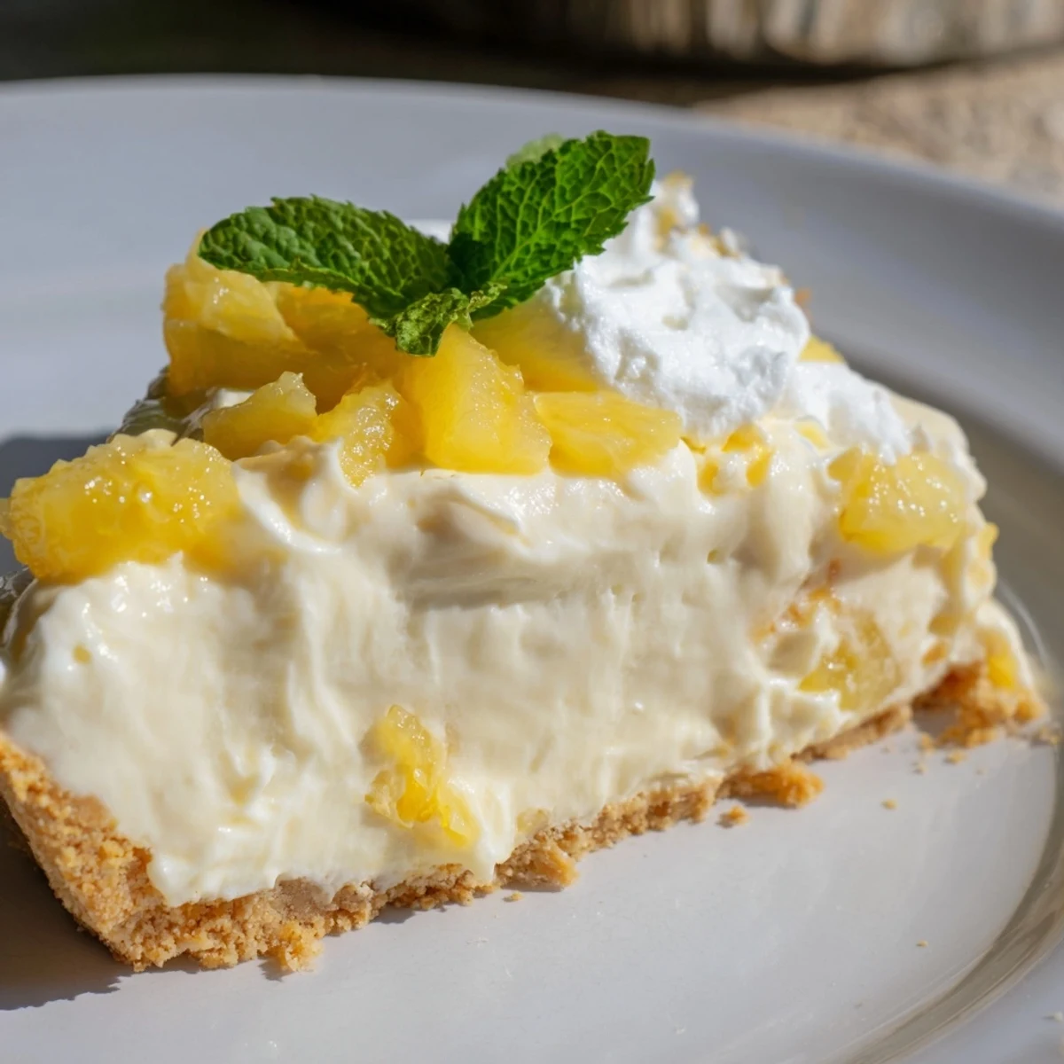 No bake pineapple cheesecake closeup showing smooth cream cheese filling over buttery graham cracker crust