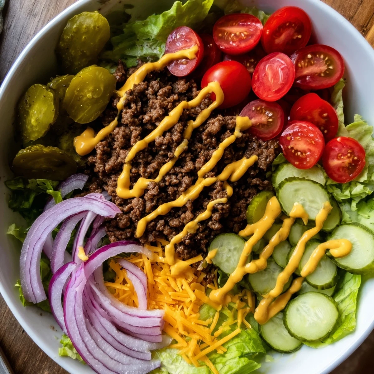 Golden brown seasoned ground beef burger bowl layered over crisp romaine lettuce with fresh vegetables and creamy special sauce