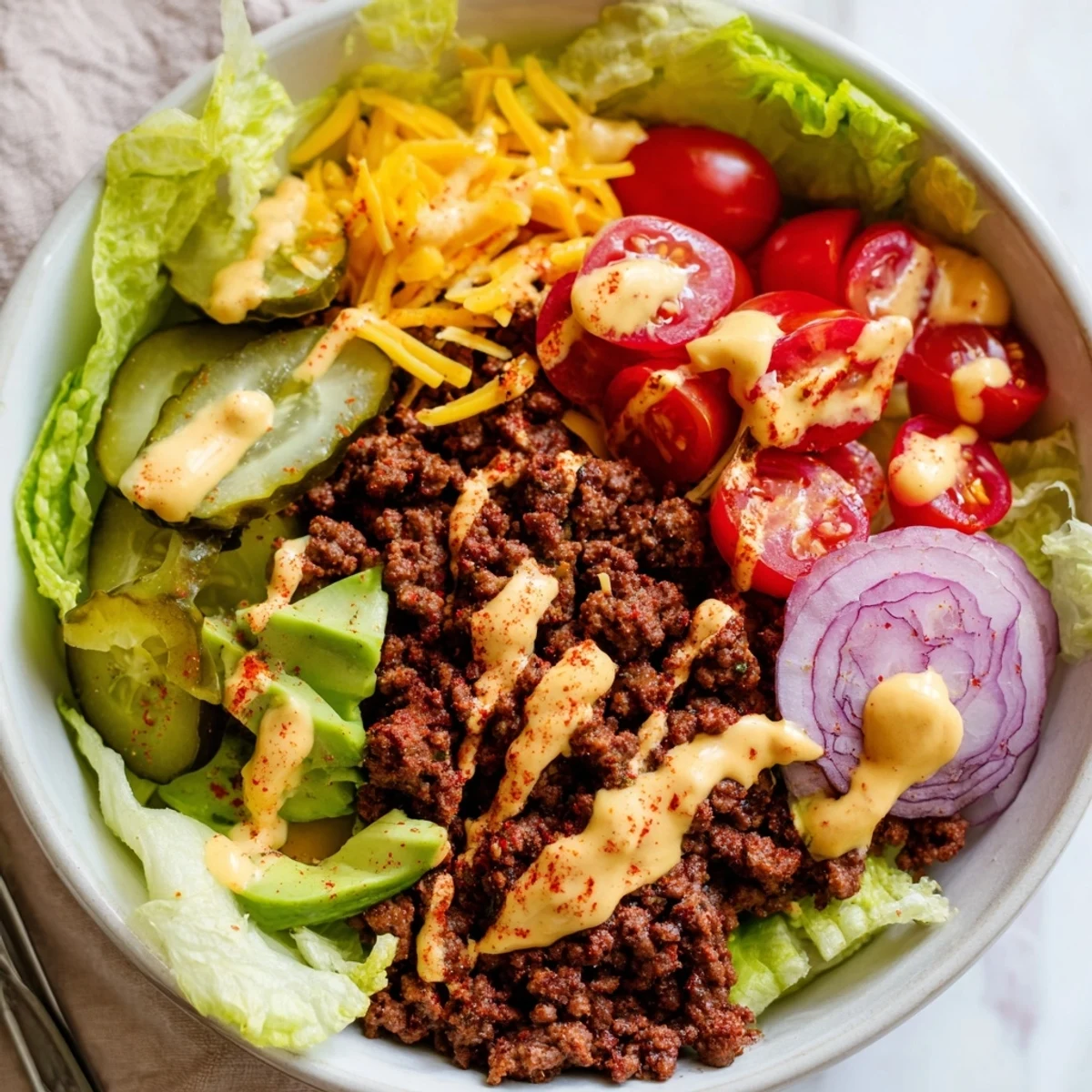 Burger bowls arranged in four servings showing juicy beef, crisp vegetables, shredded cheese and pickle slices with drizzled sauce