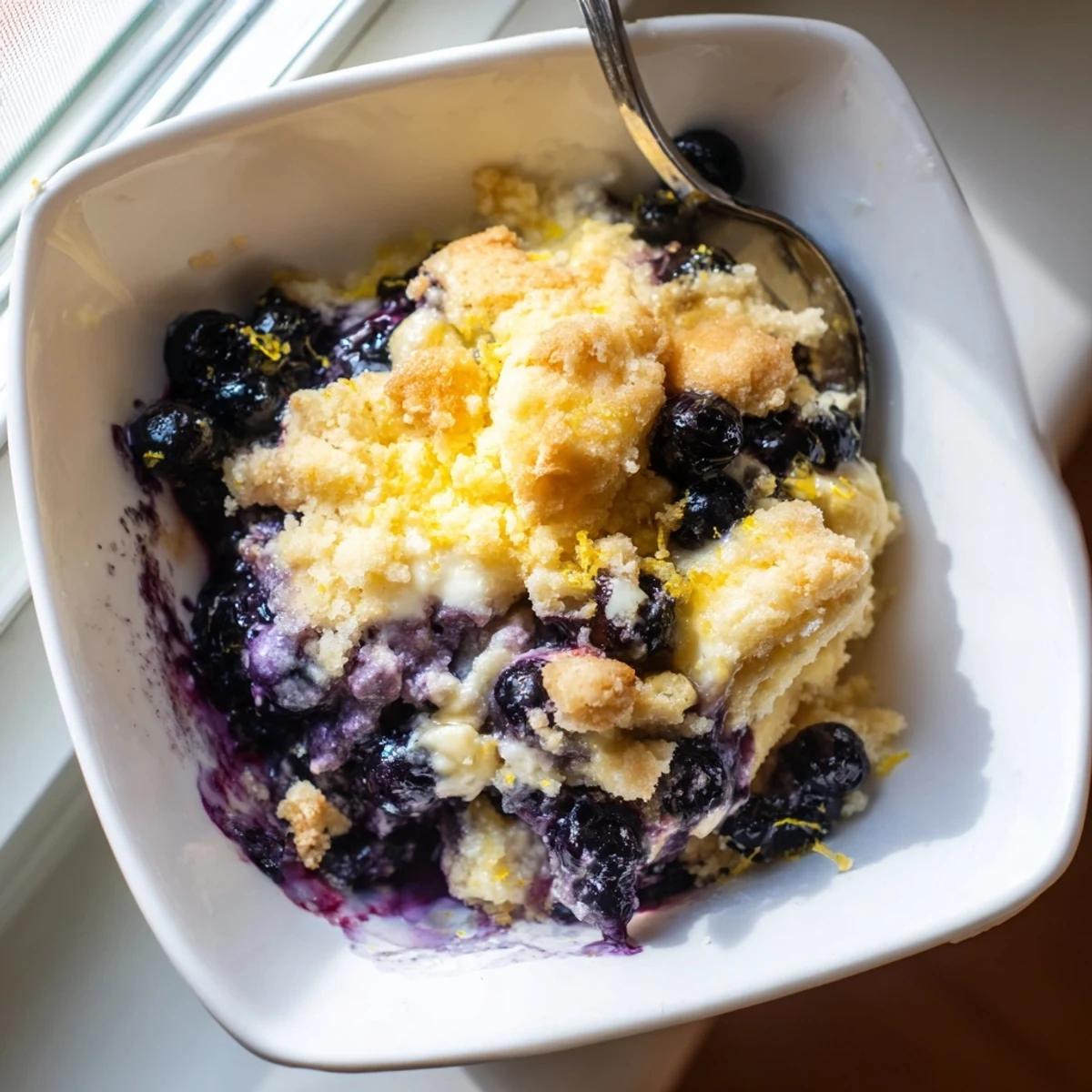 Golden lemon blueberry cheesecake dump cake with bubbling fruit filling and buttery yellow cake topping