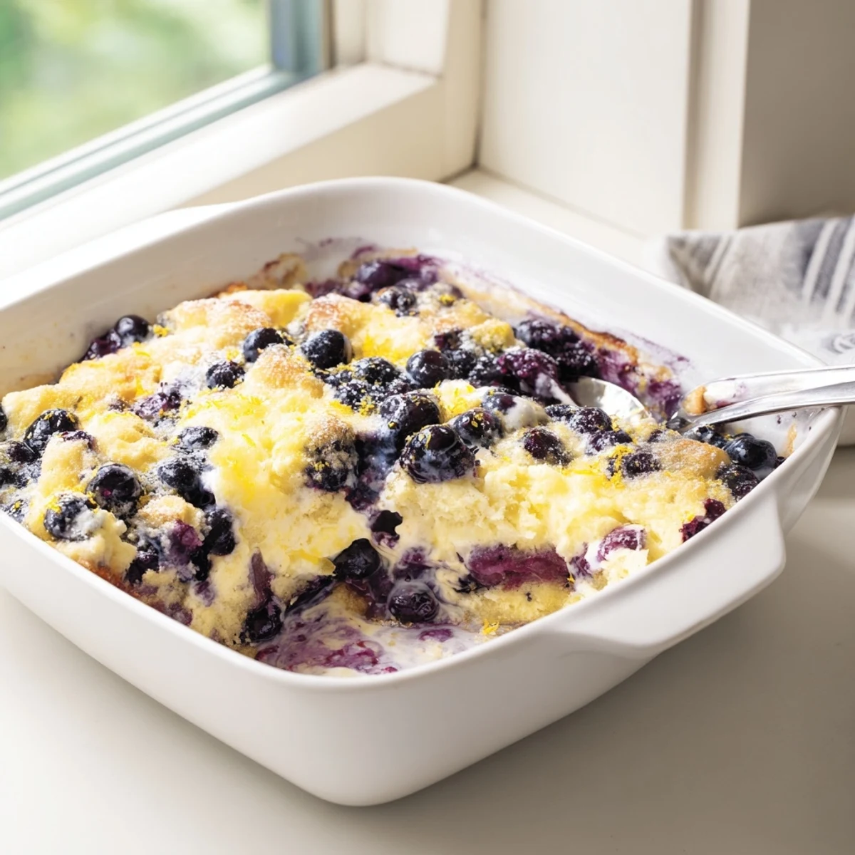 Creamy cheesecake layer swirled with tart blueberries beneath crisp lemon cake mix in a baking dish