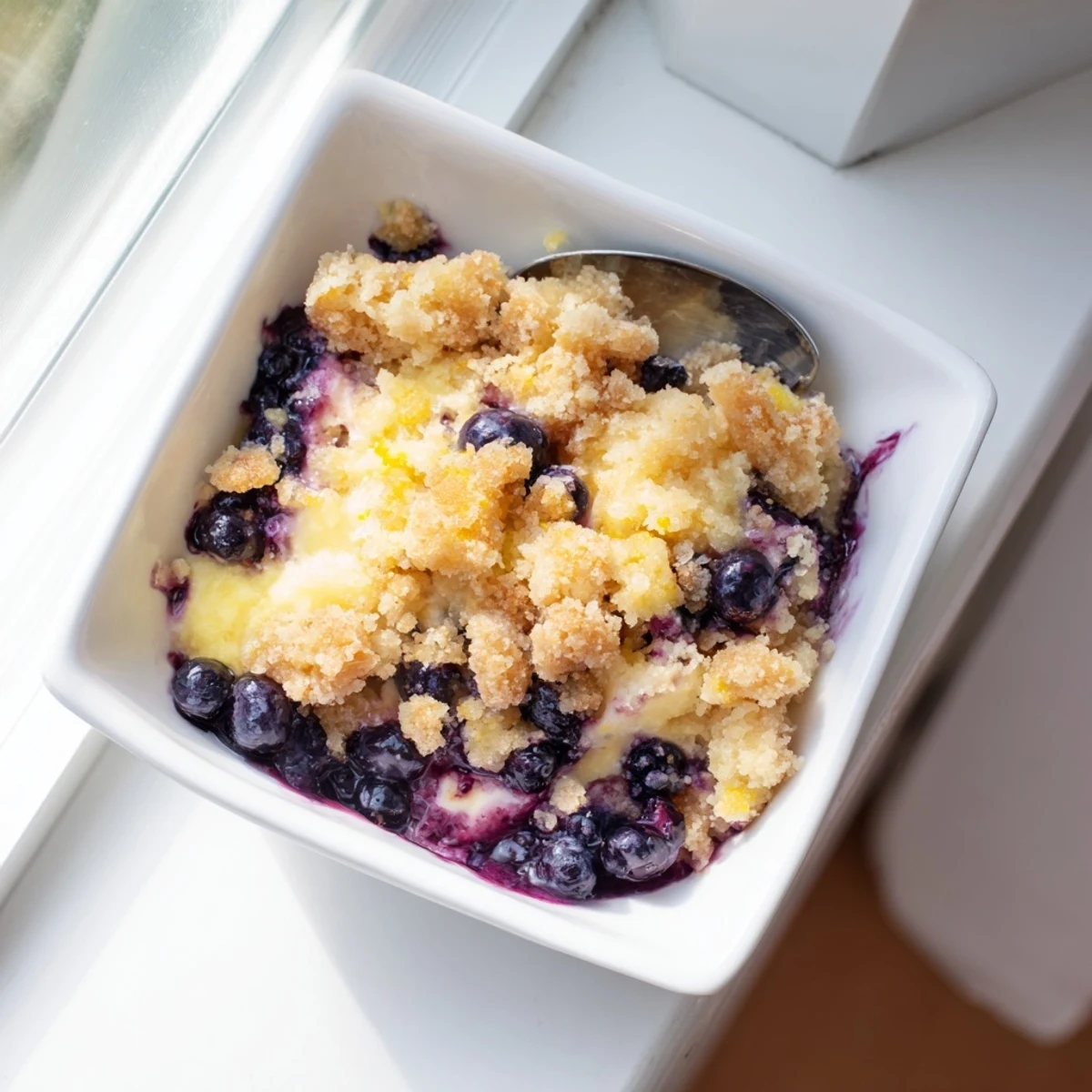 Warm lemon blueberry cheesecake dump cake served with vanilla ice cream and fresh blueberry garnish