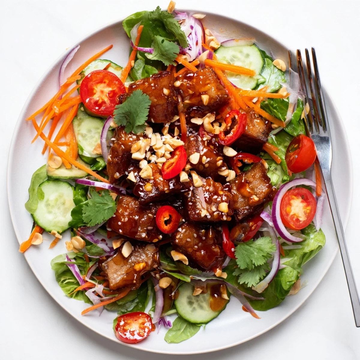 Tender pork belly pieces coated in sweet and sour sauce served over mixed greens and crisp vegetables