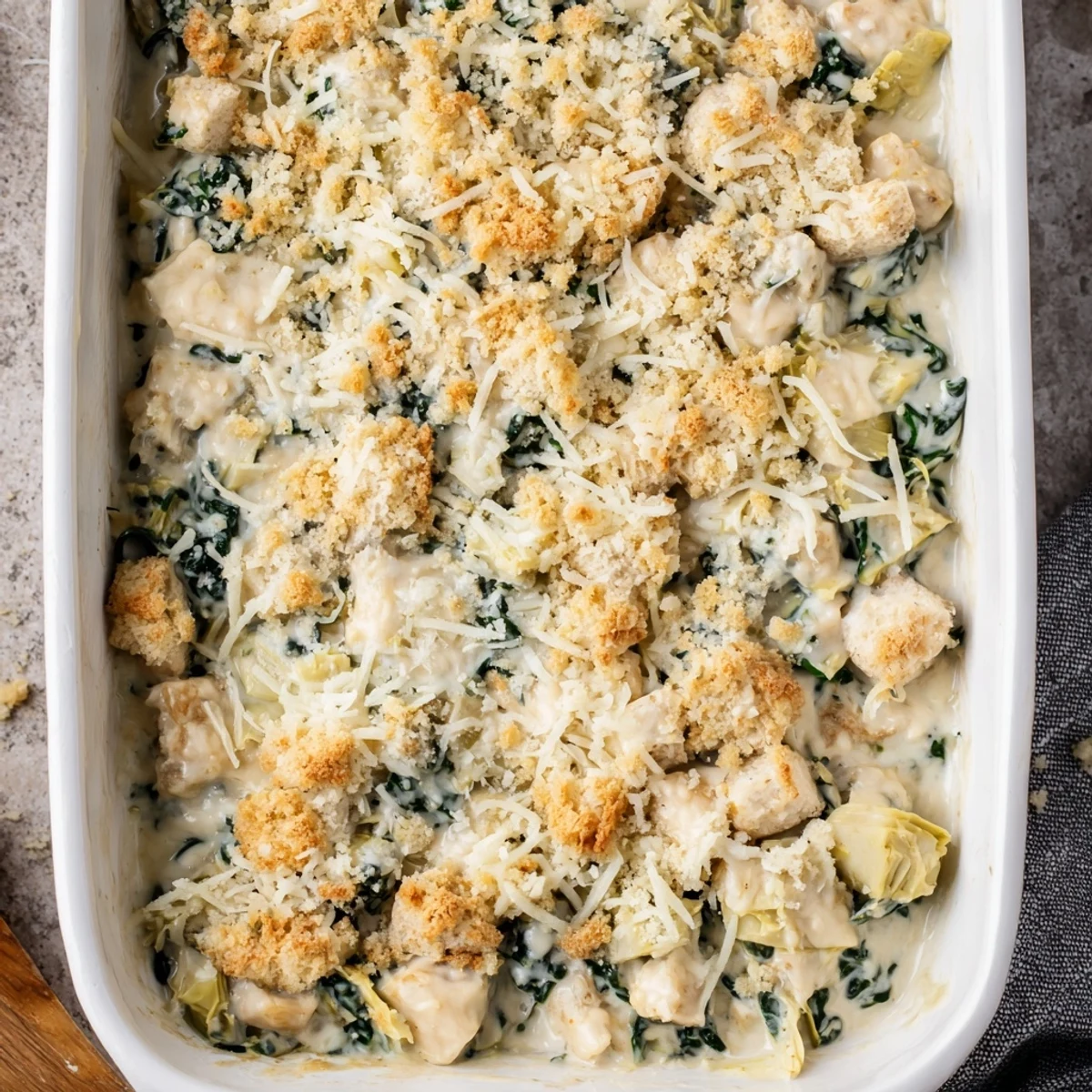 Golden-baked spinach and artichoke chicken casserole with bubbling cheese and crispy breadcrumb topping