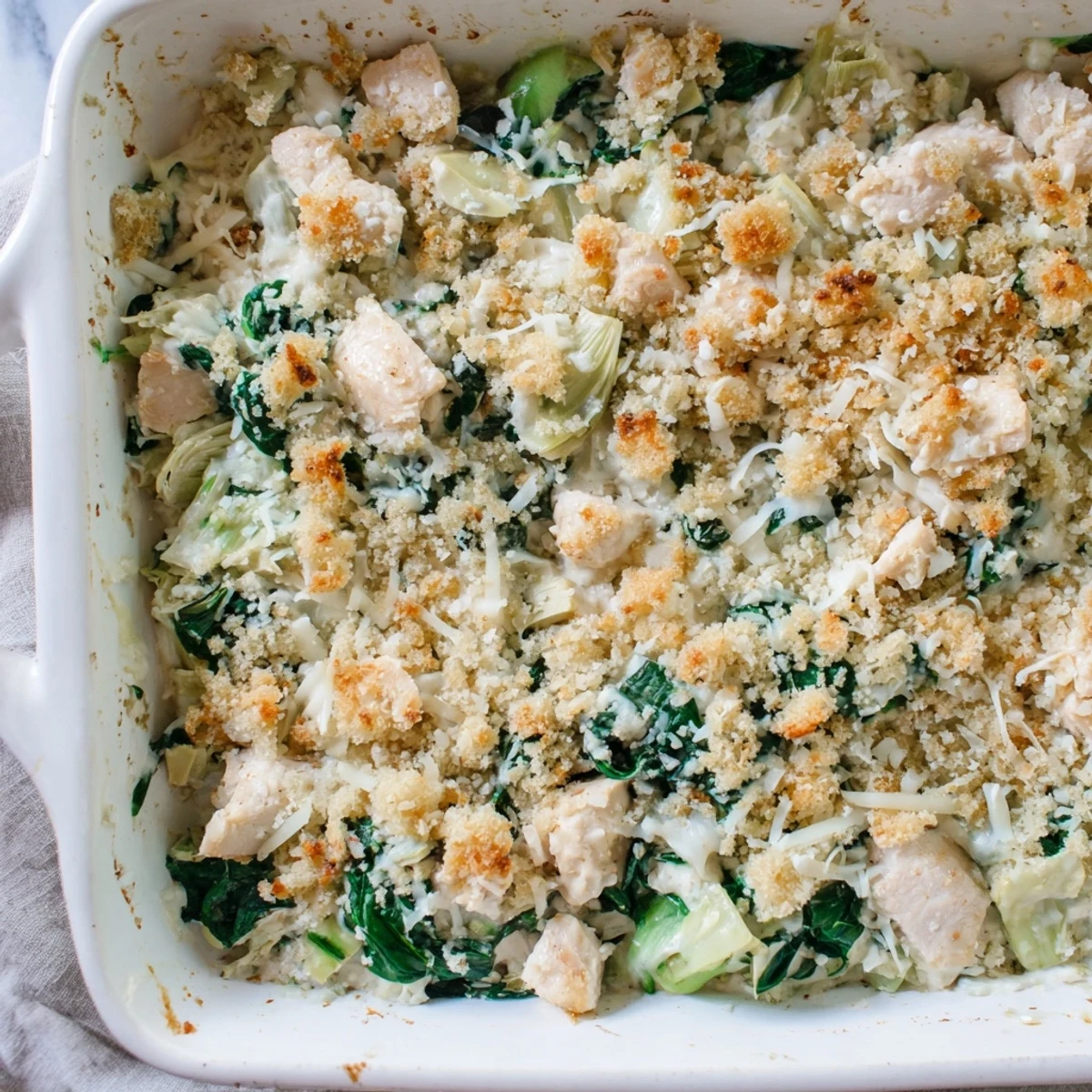 Creamy high protein chicken casserole featuring melted mozzarella, tender spinach, and artichoke hearts