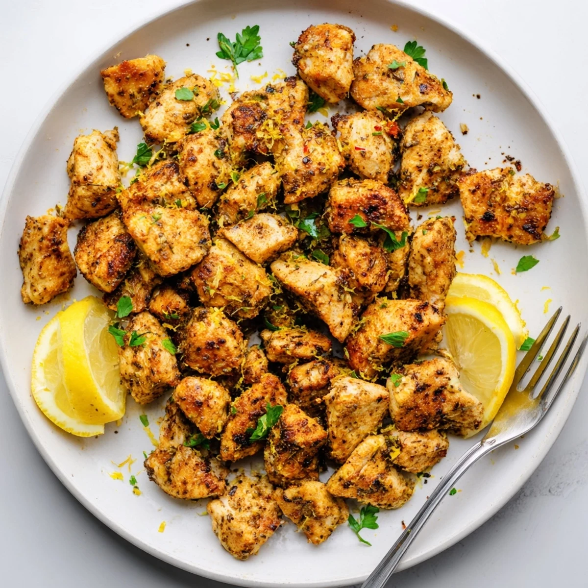Golden Air Fryer Lemon Chicken Bites arranged on a white serving platter with fresh parsley garnish