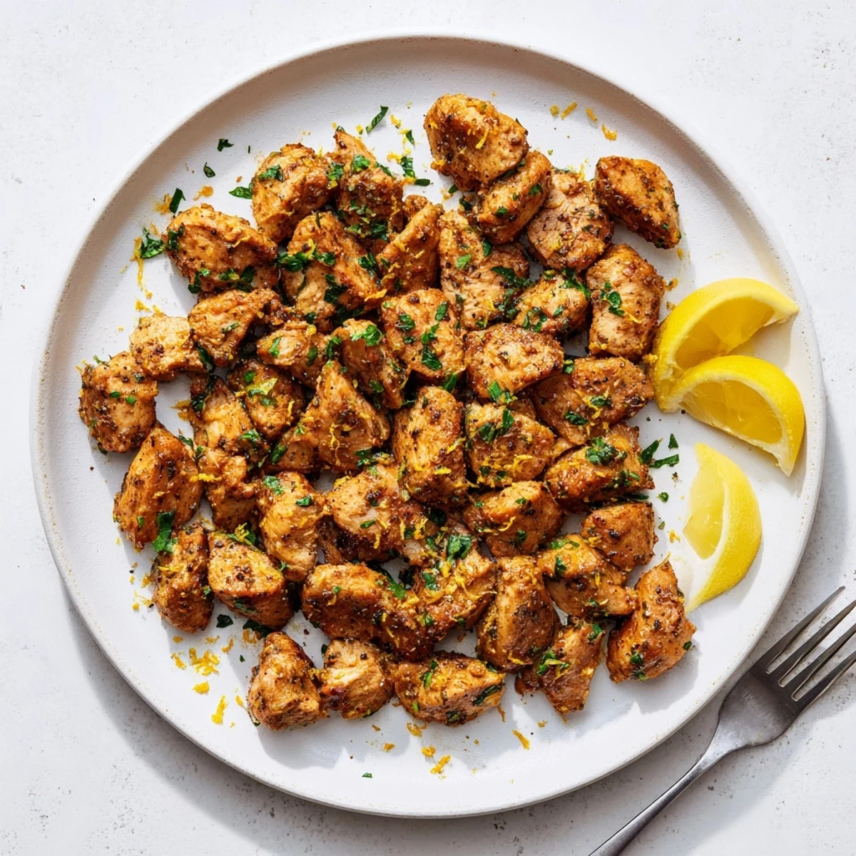Crispy lemon herb chicken bites spilling from a wooden serving bowl with lemon wedge on the side