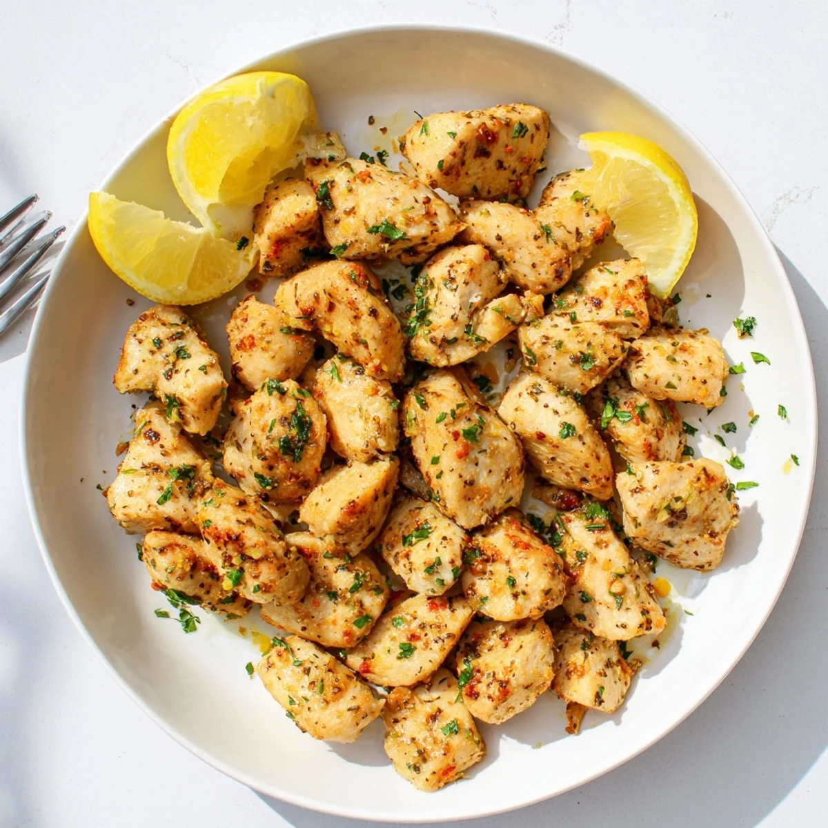 Tender air fryer chicken bites glistening with olive oil and lemon zest on a rustic cutting board