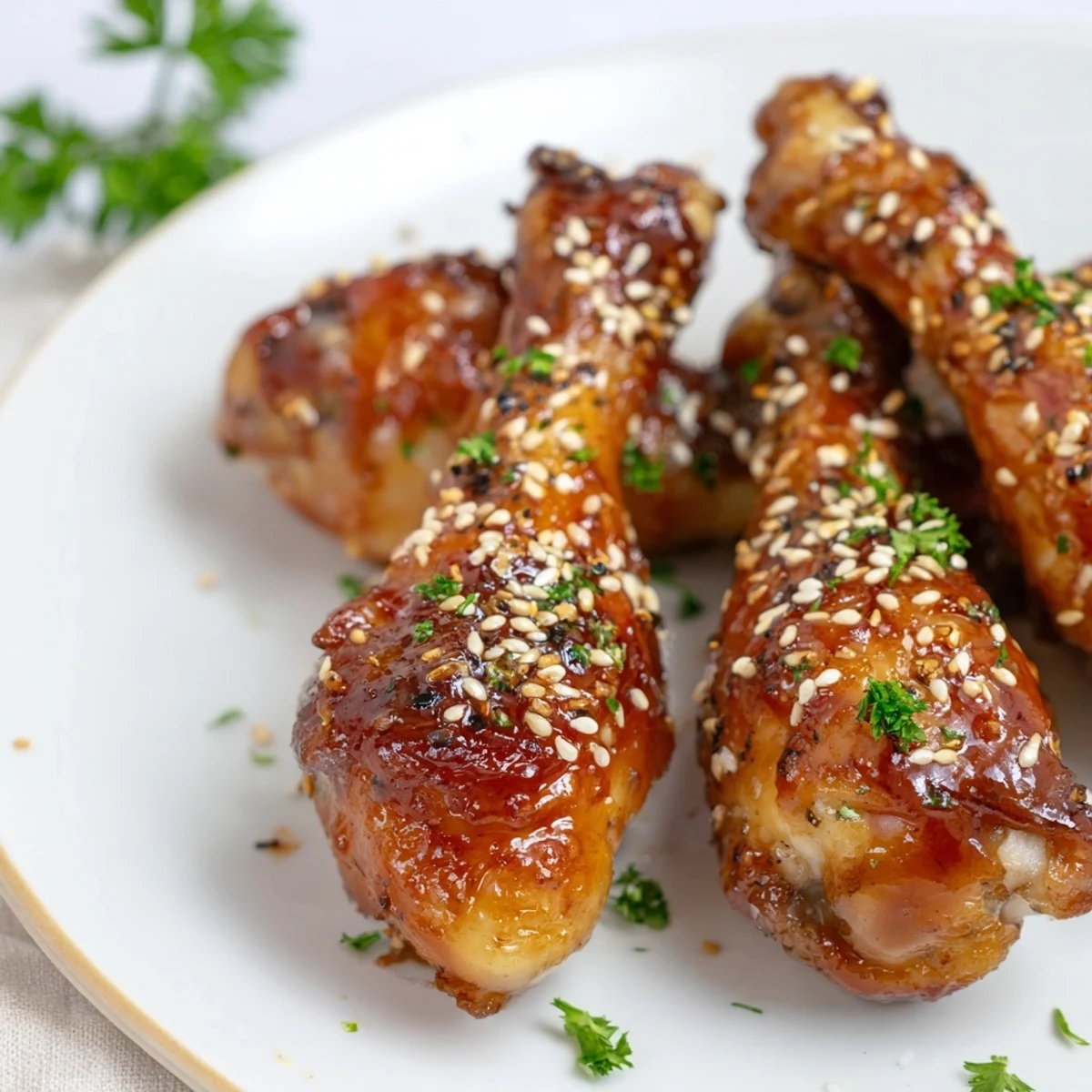Golden honey garlic baked chicken drumsticks with caramelized sticky glaze and sesame seed garnish on white serving plate