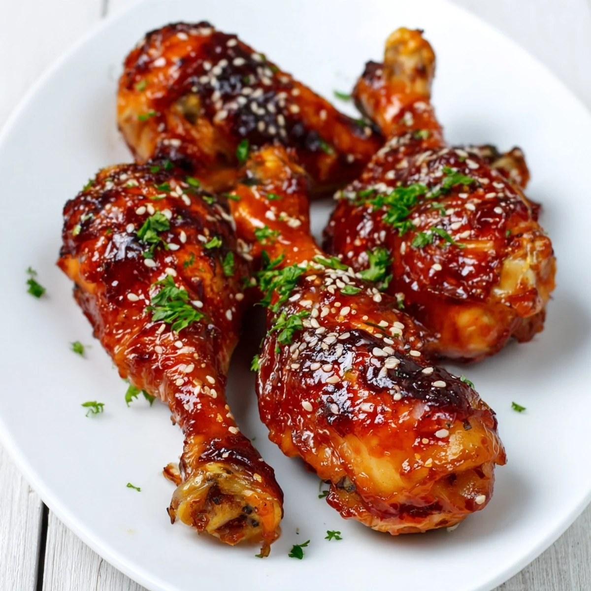 Honey garlic baked chicken drumsticks arranged on baking sheet with glossy marinade and chopped parsley sprinkled on top