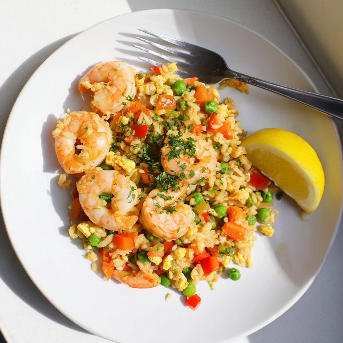 Golden garlic prawns arranged over colorful sweet chilli fried rice with diced vegetables